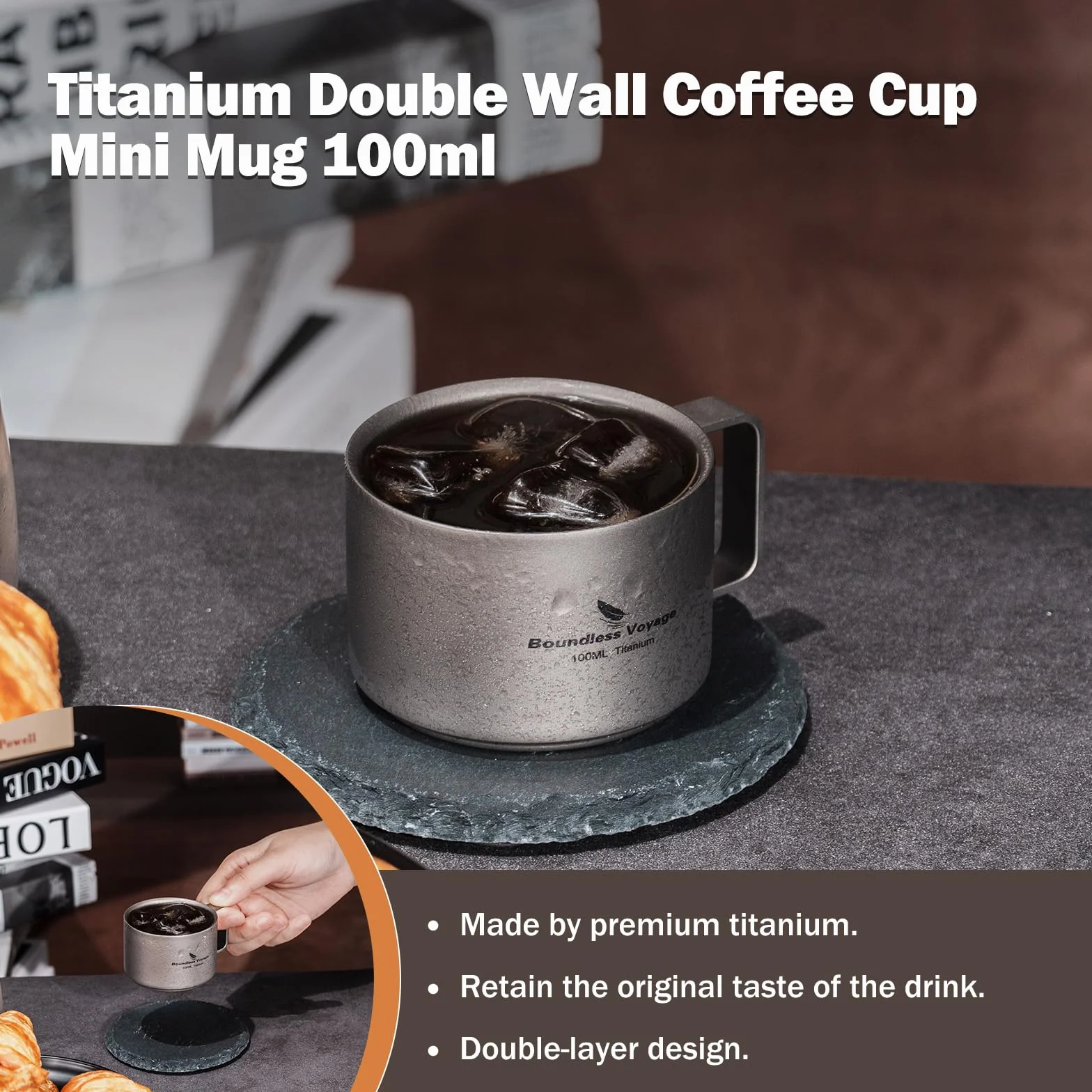 iBasingo Tytanowa filiżanka do kawy, 100 ml, z podwójnymi ściankami, mini kubek do espresso, do użytku na zewnątrz, na kemping, podróż, przenośny, trwały, metalowy naczynie do picia, Ti3085D (3)