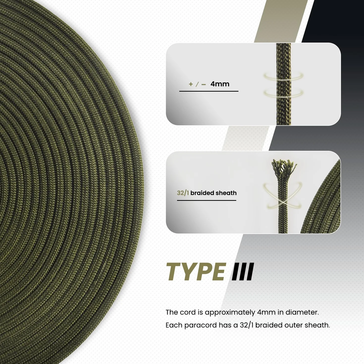 Abma Cord Paracord 550 4mm 100m 100% Nylonowa Sznurek Linka Typ III 7-żyłowa do Biwakowania, Majsterkowania, Zewnątrz, Survivalowy - Max. 250kg (550lb) - Czarny