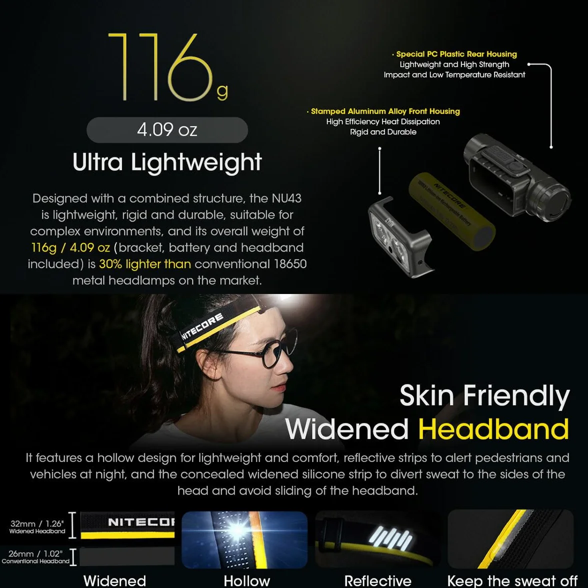 Nitecore Latarka czołowa NU43, lekka, ładowana przez USB C, 1400 lumenów, zasięg świecenia 130 m, czerwone światło do widzenia w nocy