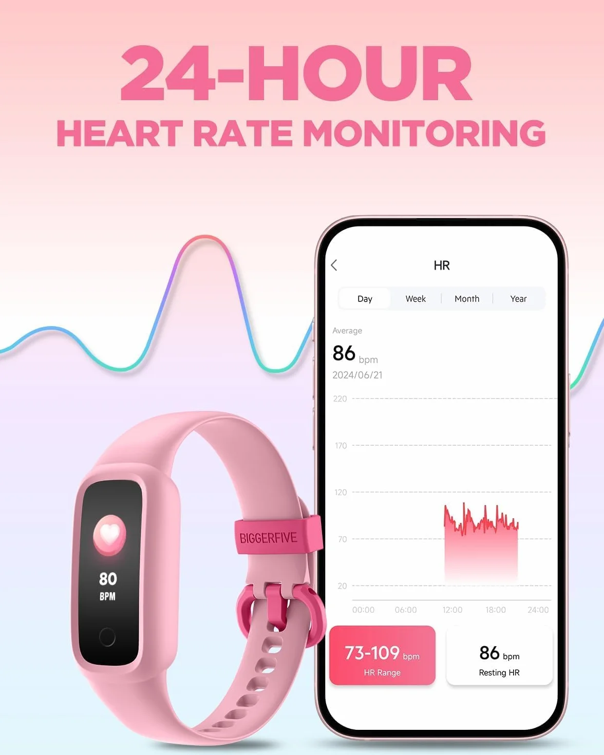 BIGGERFIVE Vigor 2 Zegarek Fitness dla Dzieci, Monitor Aktywności, Tętno i Sen, Wodoodporny IP68, Krokomierz, Różowy