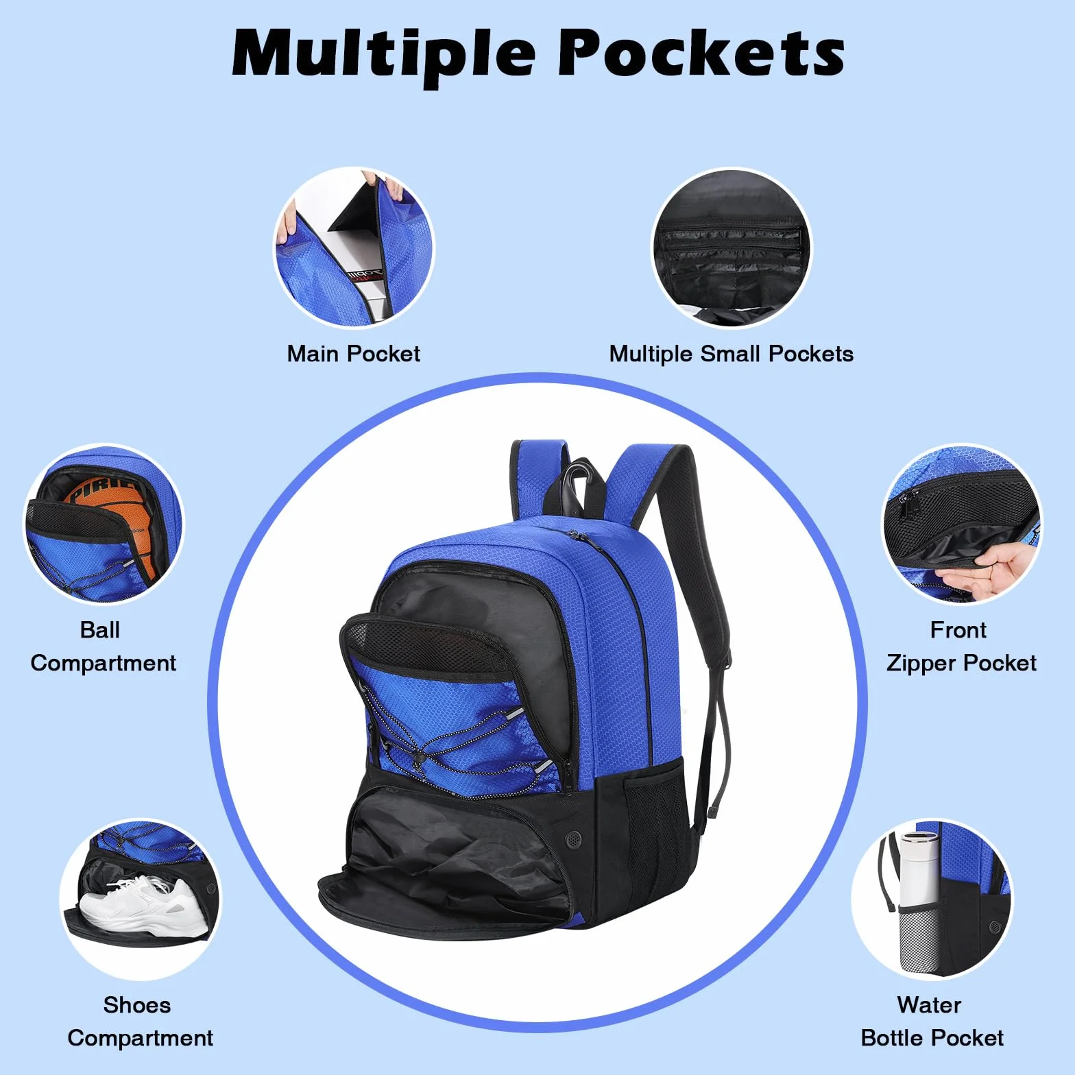 MoKo Basketball Bag Backpack, Soccer Backpack for Men & Women with Separate Ball and Shoes Compartments, Water-Resistant, Fence Hook, Sports Bag for Clothes, Shoes, Tablets, Laptops, Blue