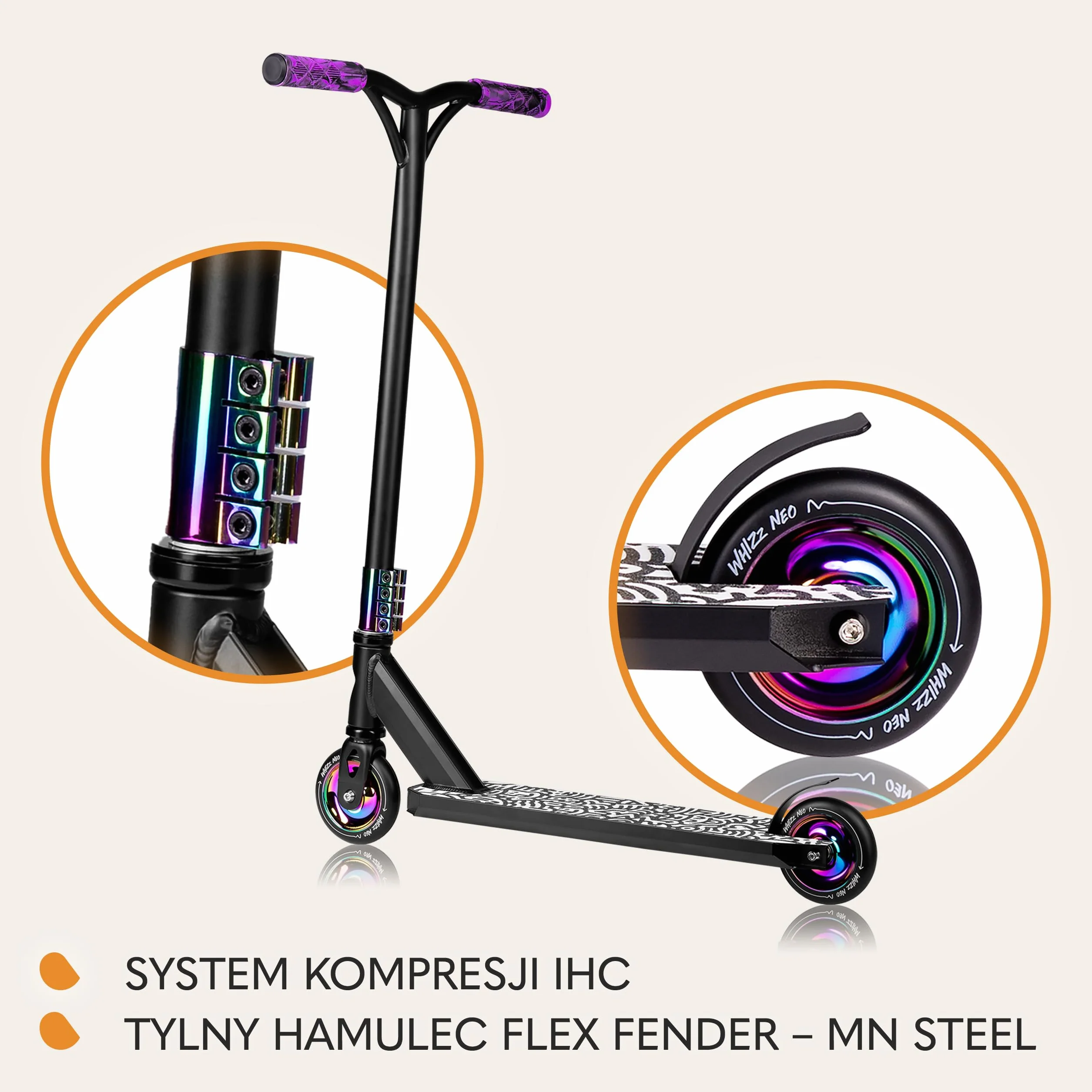LIONELO Whizz Hulajnoga Wyczynowa Dziecięca do 100 kg, Łożyska ABEC-9, Hulajnoga Aluminiowa, System Kompresji HIC, Koła 110 mm, Szeroka Kierownica Y-bar, Hamulec Flex Fender MN Steel