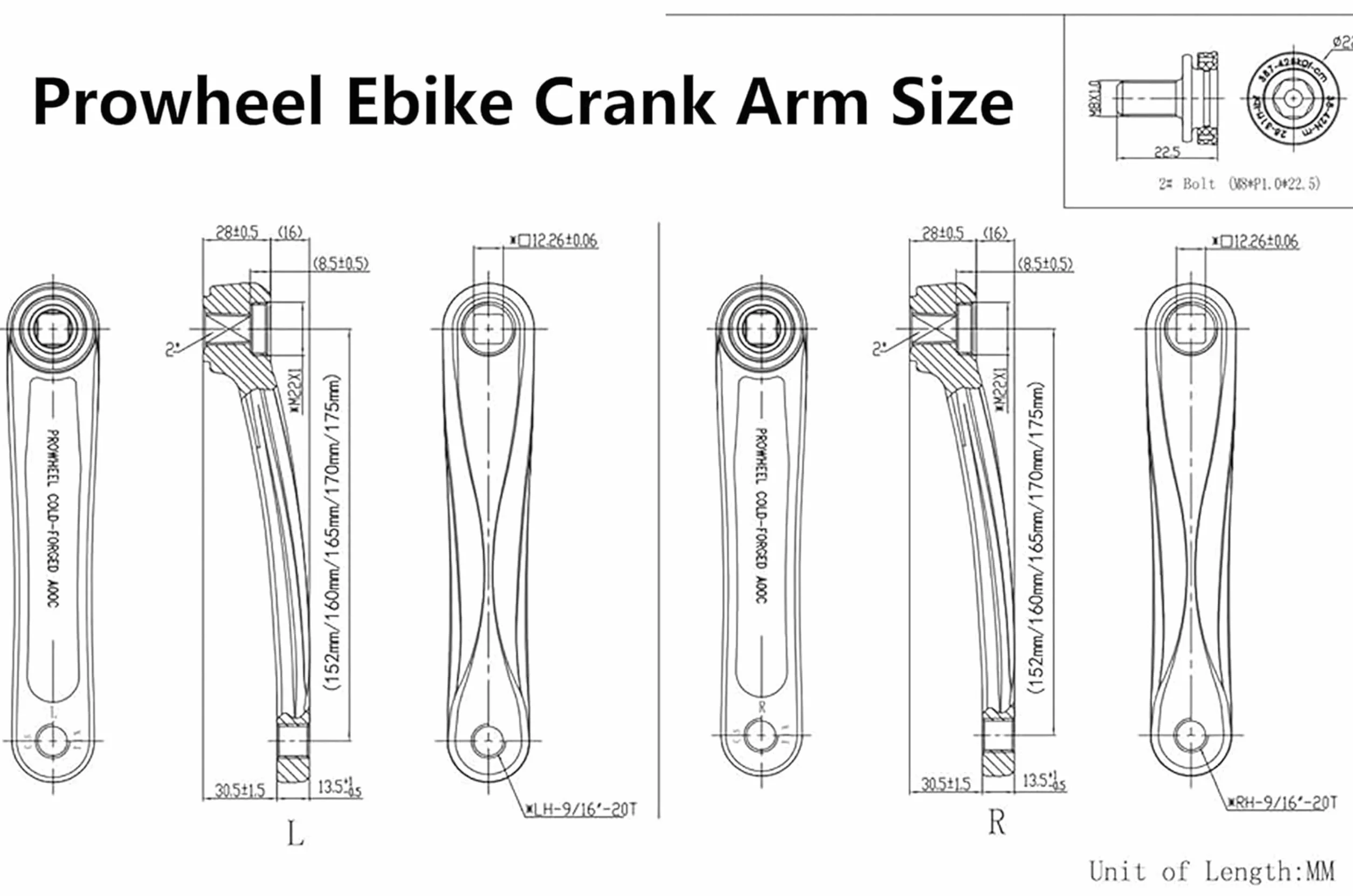 Prowheel Jedna para ramienia korbowego rowerowego dostępne w kwadratowym otworze, 152 mm/160 mm/165 mm/170 mm/175 mm stop 6061 czarne ramię korbowe do roweru elektrycznego roweru elektrycznego e roweru