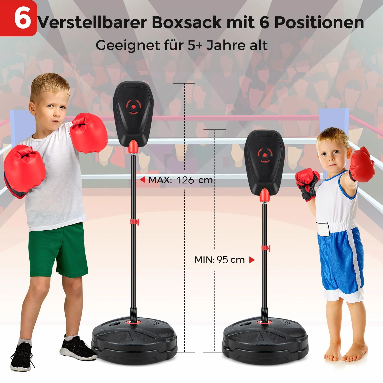 COSTWAY Stojący worek bokserski dla dzieci, trening bokserski 95-126 cm, z regulacją wysokości, zestaw zawiera rękawice bokserskie, boks Speedball dla chłopców i dziewczynek od 5 lat