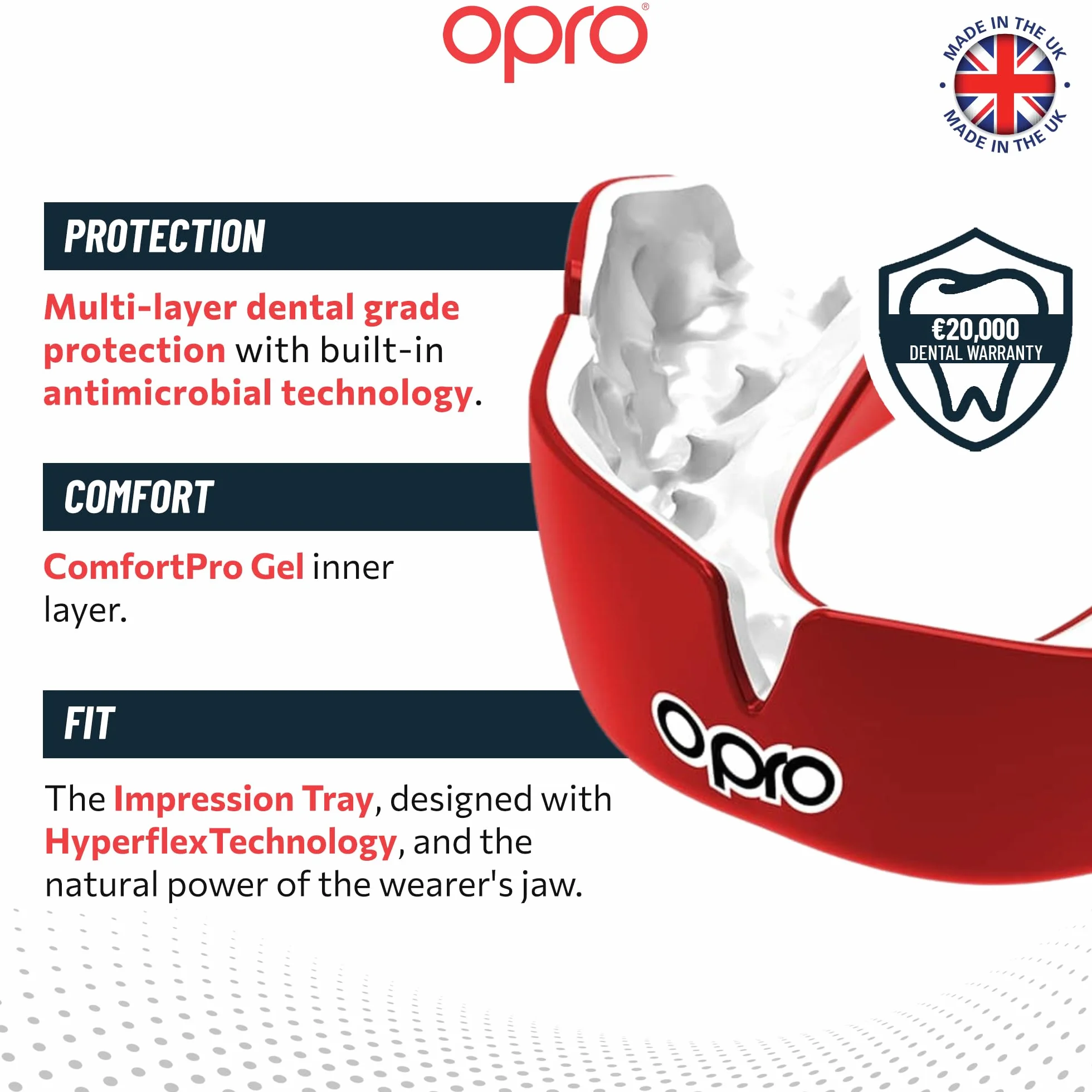 OPRO Natychmiastowa osłona na zęby dla dentysty, rewolucyjna technologia dopasowania dla najwyższego komfortu, ochrony i dopasowania, osłona dziąseł do rugby, boksu, hokeja, MMA (czerwona, dla