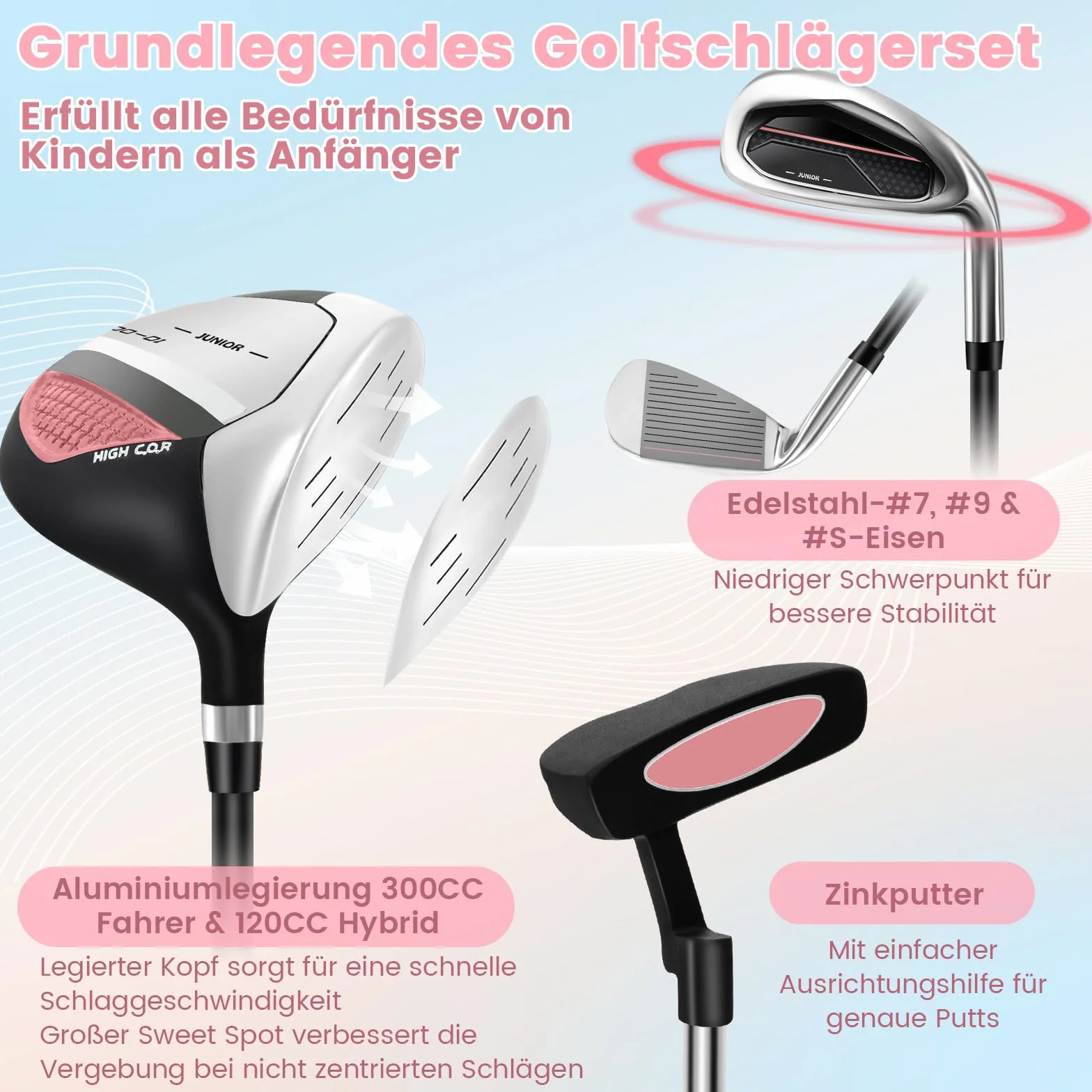COSTWAY 6-częściowy zestaw kijów golfowych dla dzieci, zestaw kijów golfowych z torbą golfową i osłoną przeciwdeszczową, kompletny zestaw golfowy z żelazkiem 7/9/S, 1 Driver, 4 Hybrid i putter dla
