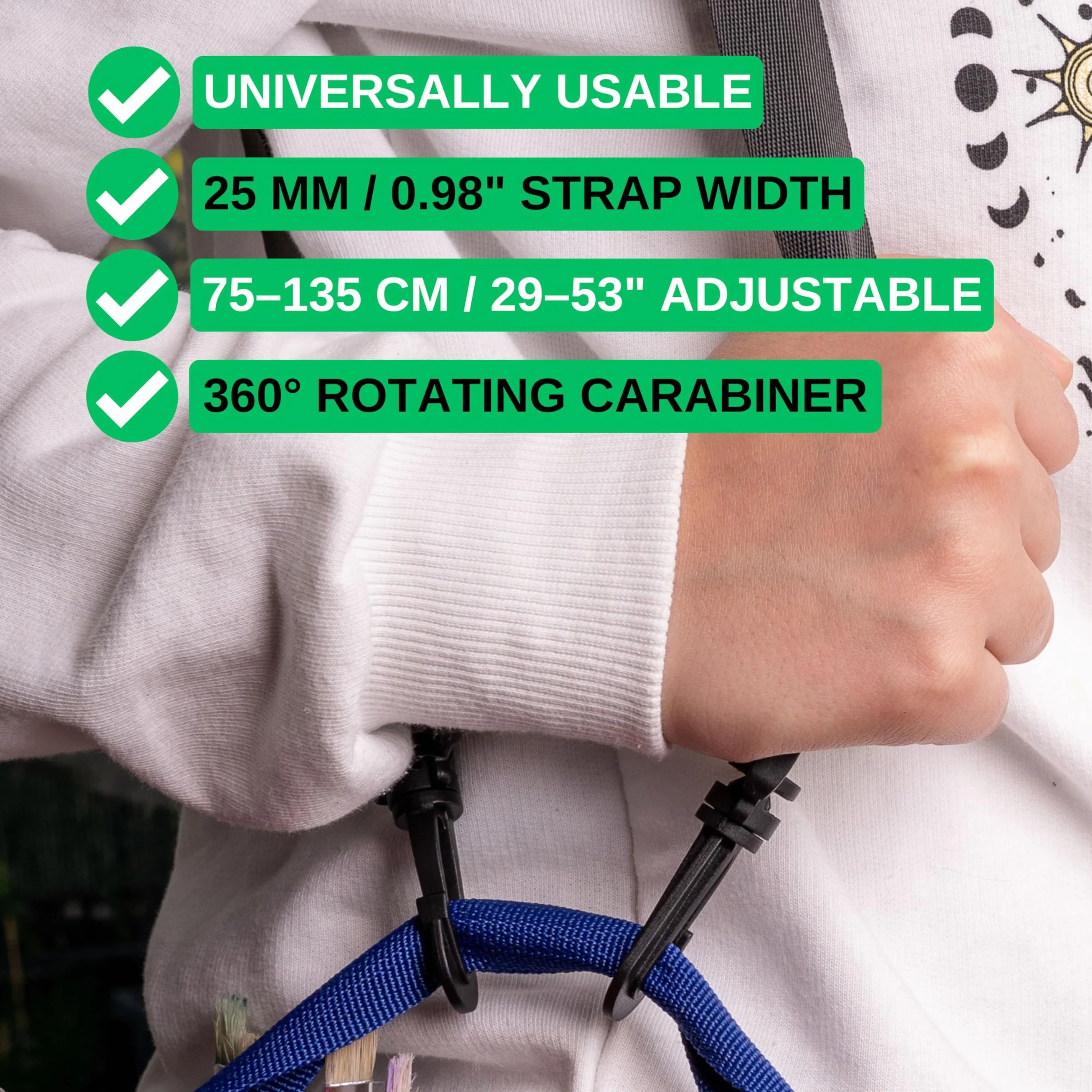 Uniwersalny pasek na ramię, wąski pasek o szerokości 25 mm, regulowana długość od 75 do 135 cm, czarny, pasek transportowy z twardą plastikową klamrą drabiny i haczykiem, zapasowy pasek na ramię