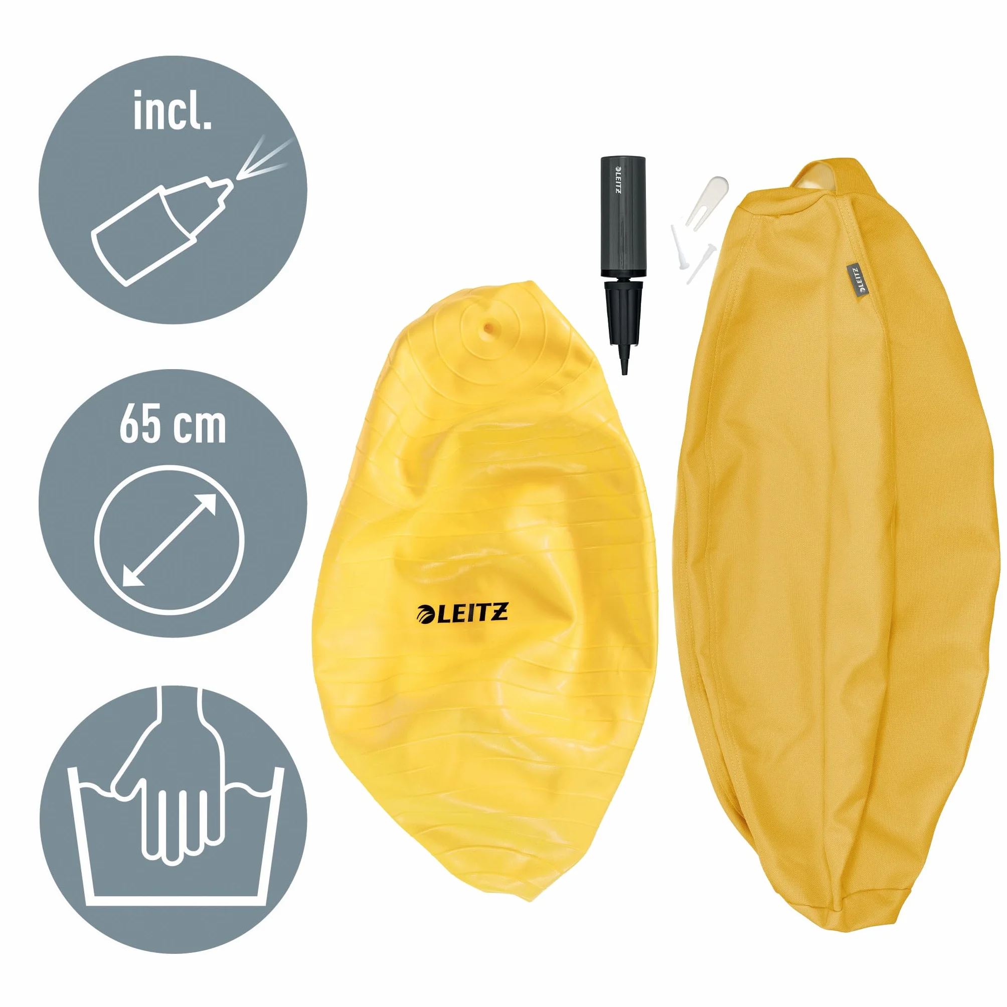 Leitz, Ergonomiczna Piłka do Aktywnego Siedzenia Leitz Ergo Cosy, Średnica 65 cm, Poszewka w 100% z Tkaniny, Ręczna Pompka, 2 Zatyczki, Kolor Ciepły Żółty (52790019)