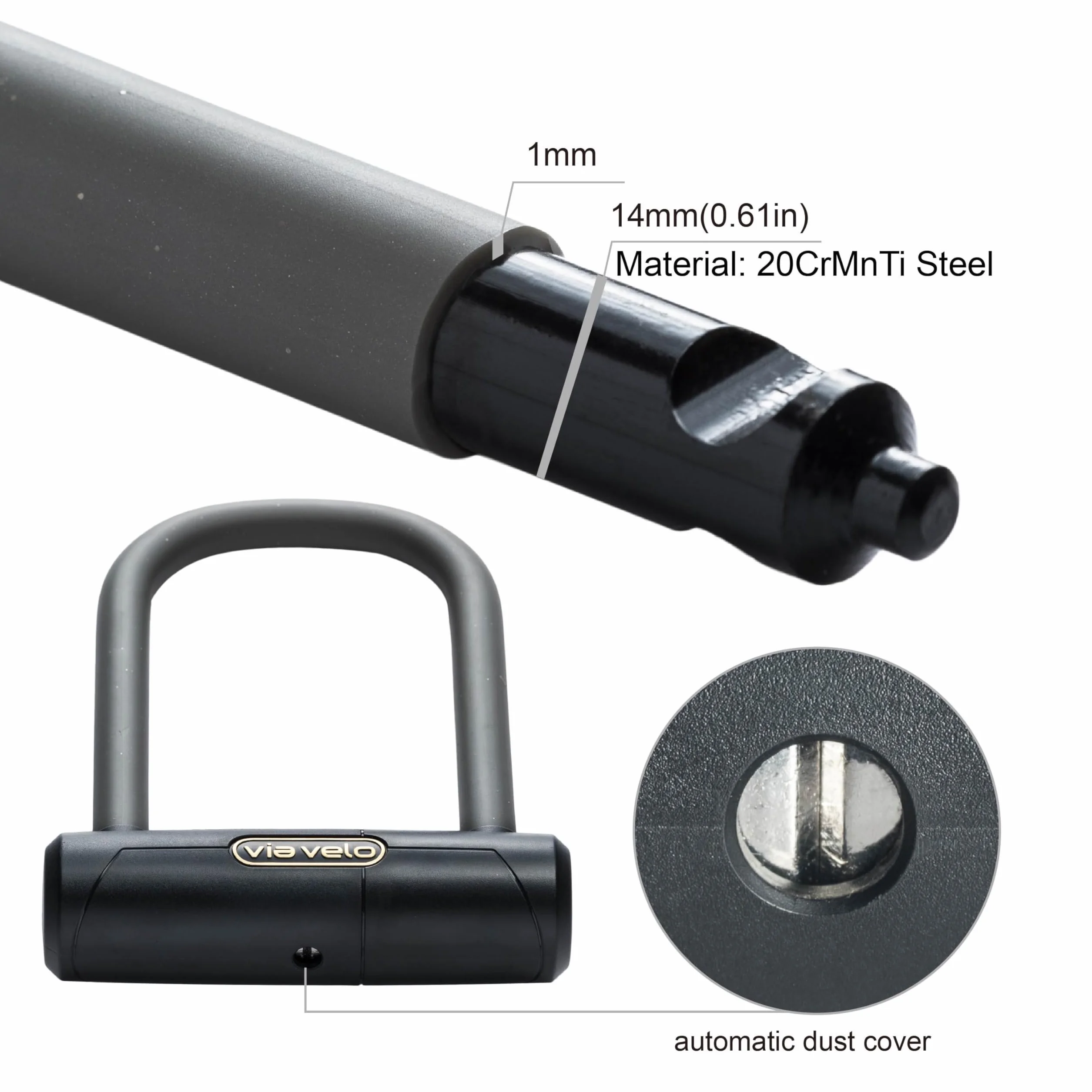Via Velo U-lock dłuższy zamek U 27,9 cm 11 cali stal 20CrMnTi antykradzieżowy ze wspornikiem