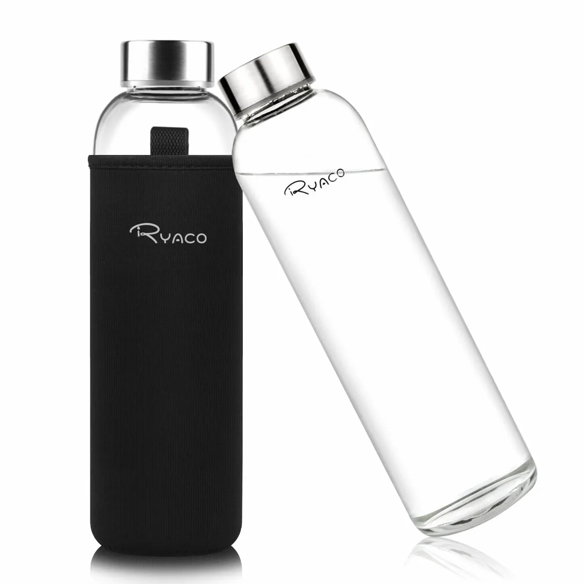 RYACO Butelka na wodę ze szkła borokrzemowego, 1000 ml, bez BPA, szczelna, do szkoły, domu, biura, podróży, sportu, jogi, siłowni, gorących/zimnych napojów, z neoprenowym rękawem i szczotką z gąbki