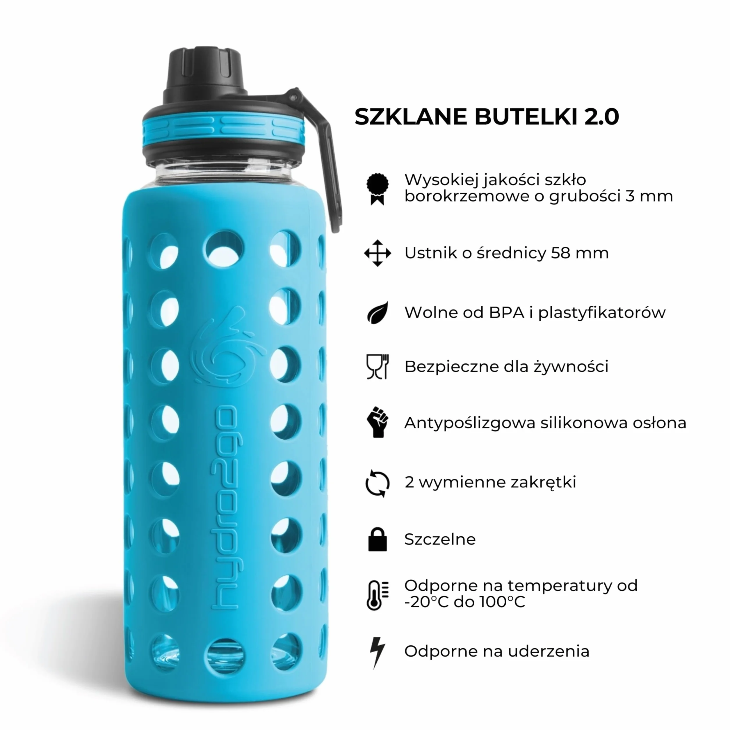 Hydro2go Butelka Szklana 950 ml z Osłoną Silikonową Wodoszczelna Bez BPA 2 Wymienne Nakrętki Coral Blue