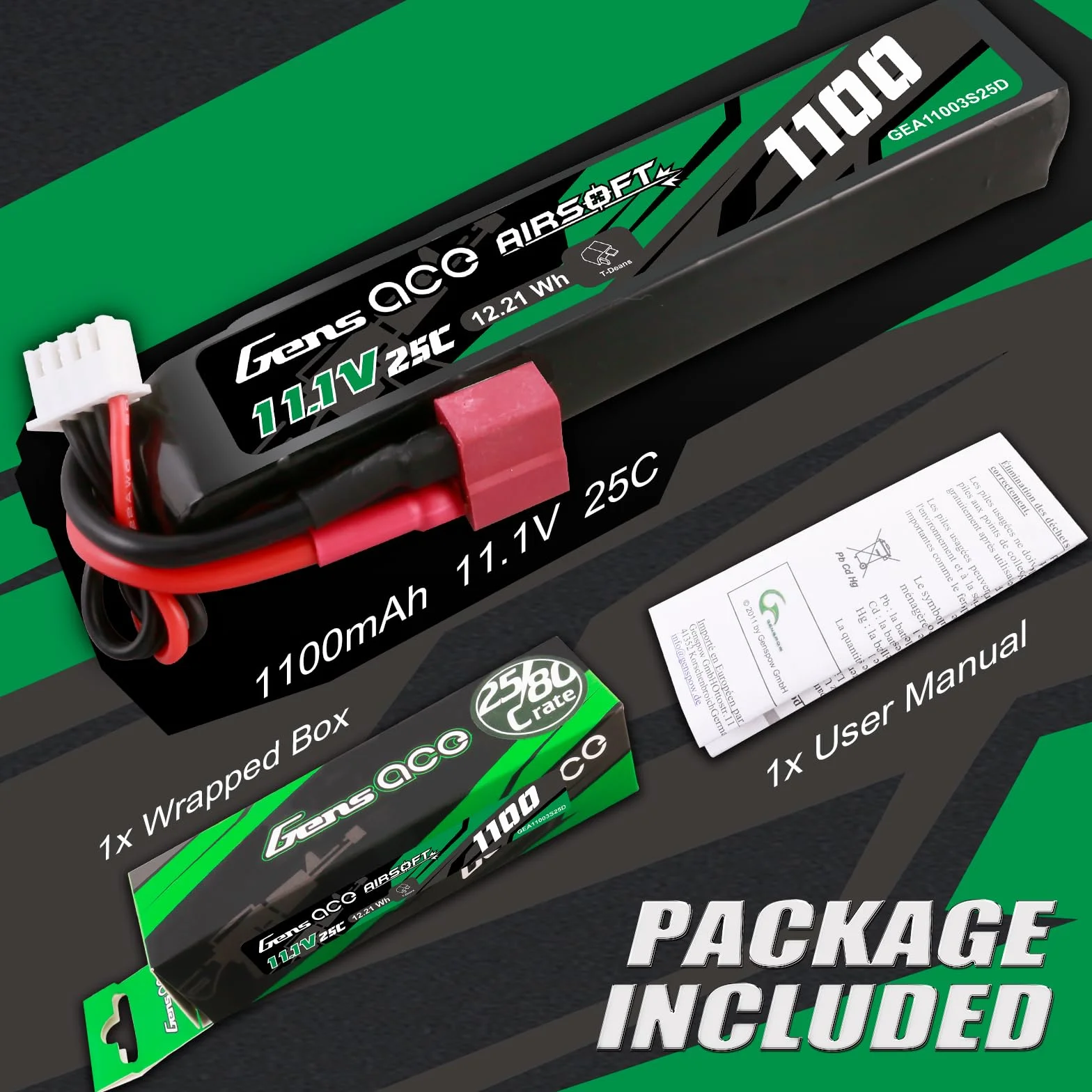 Gens ace 3S 1100mAh 11.1V 3S1P 25C bateria lipo airsoft ze złączem Deans T, do airsoftu itp