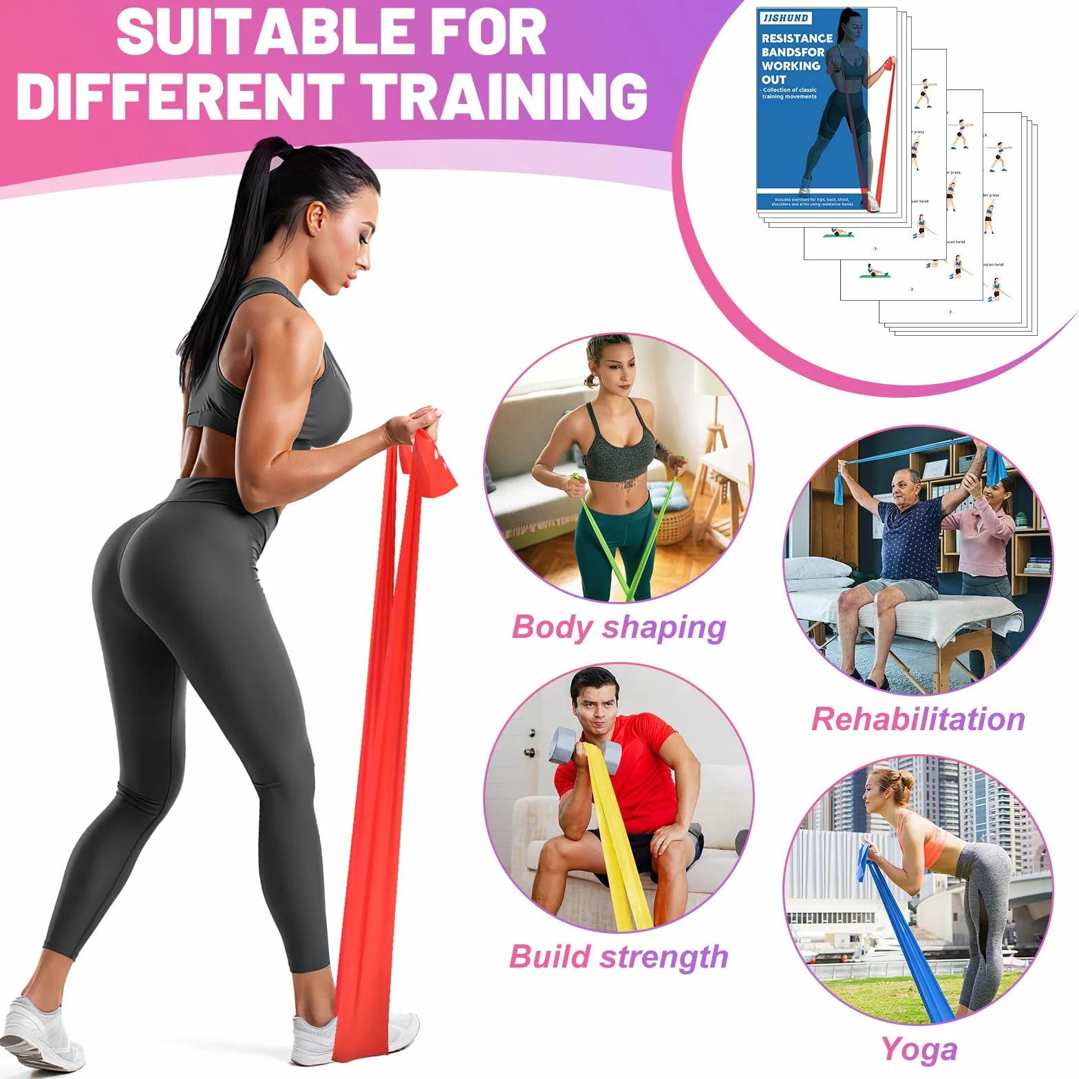 Zestaw 4 taśm fitness 2m długie taśmy oporowe do pilatesu jogi rehabilitacji