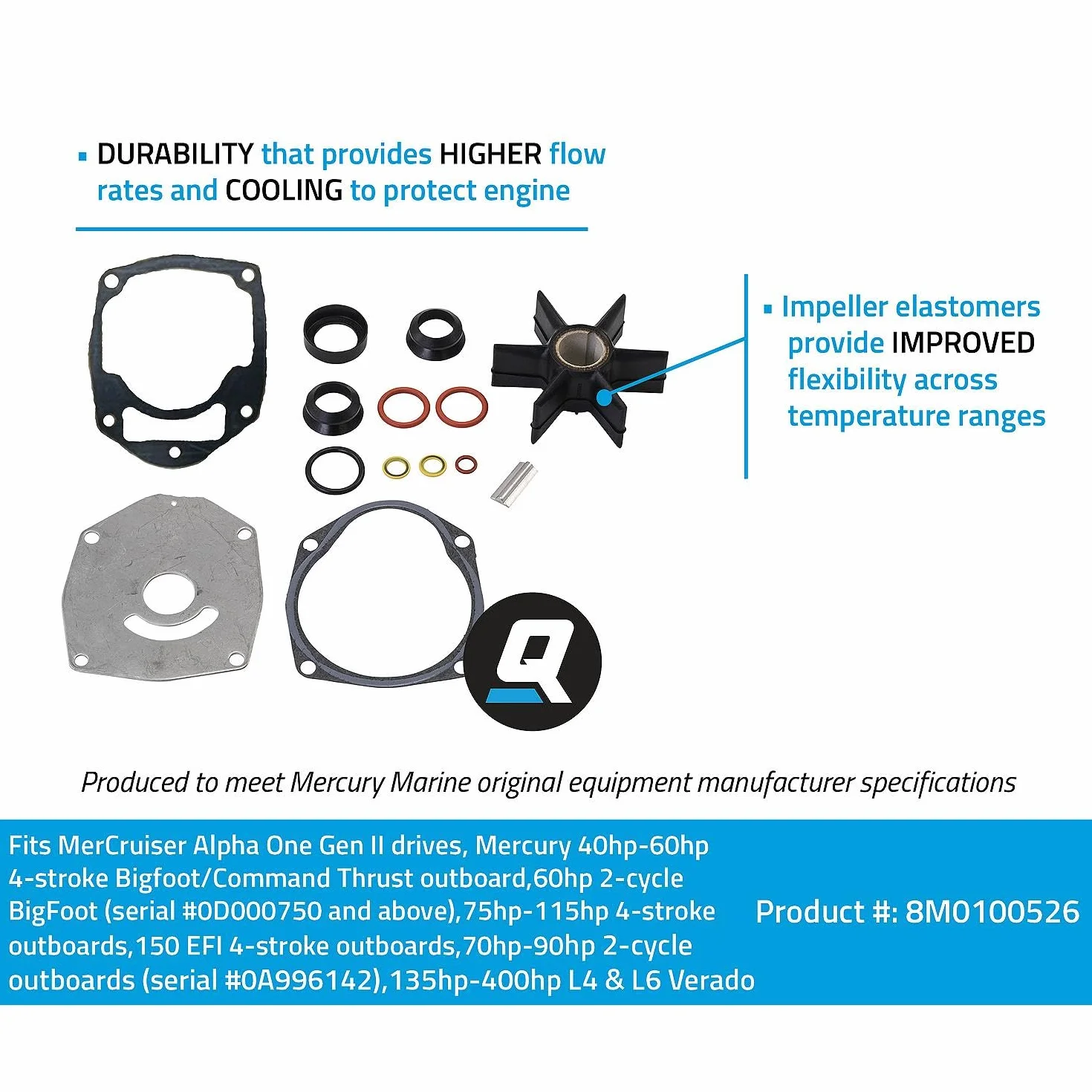Quicksilver by Mercury Marine 8M0100526 Water Pump Repair Kit for Mercury or Mariner Outboards and MerCruiser Sterndrives