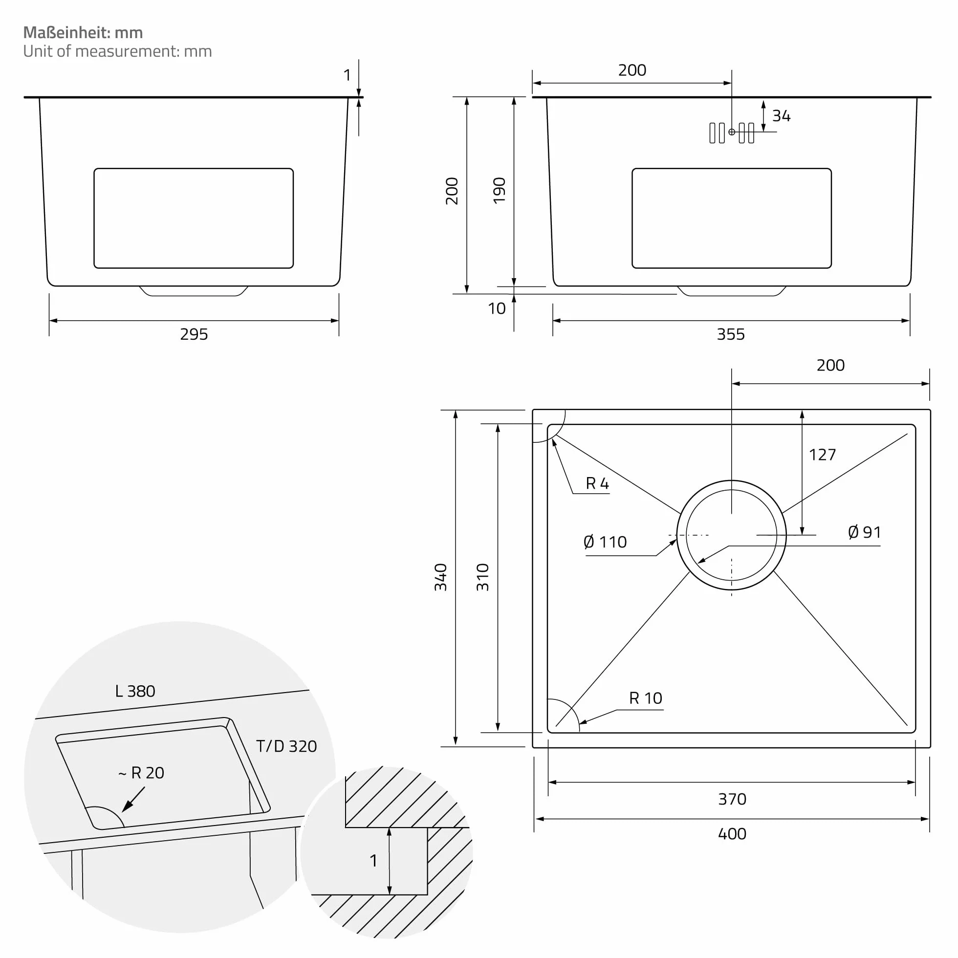 Zlewozmywak ze stali nierdzewnej 34x40 cm prostokątny jednokomorowy z zestawem odpływowo-przelewowym