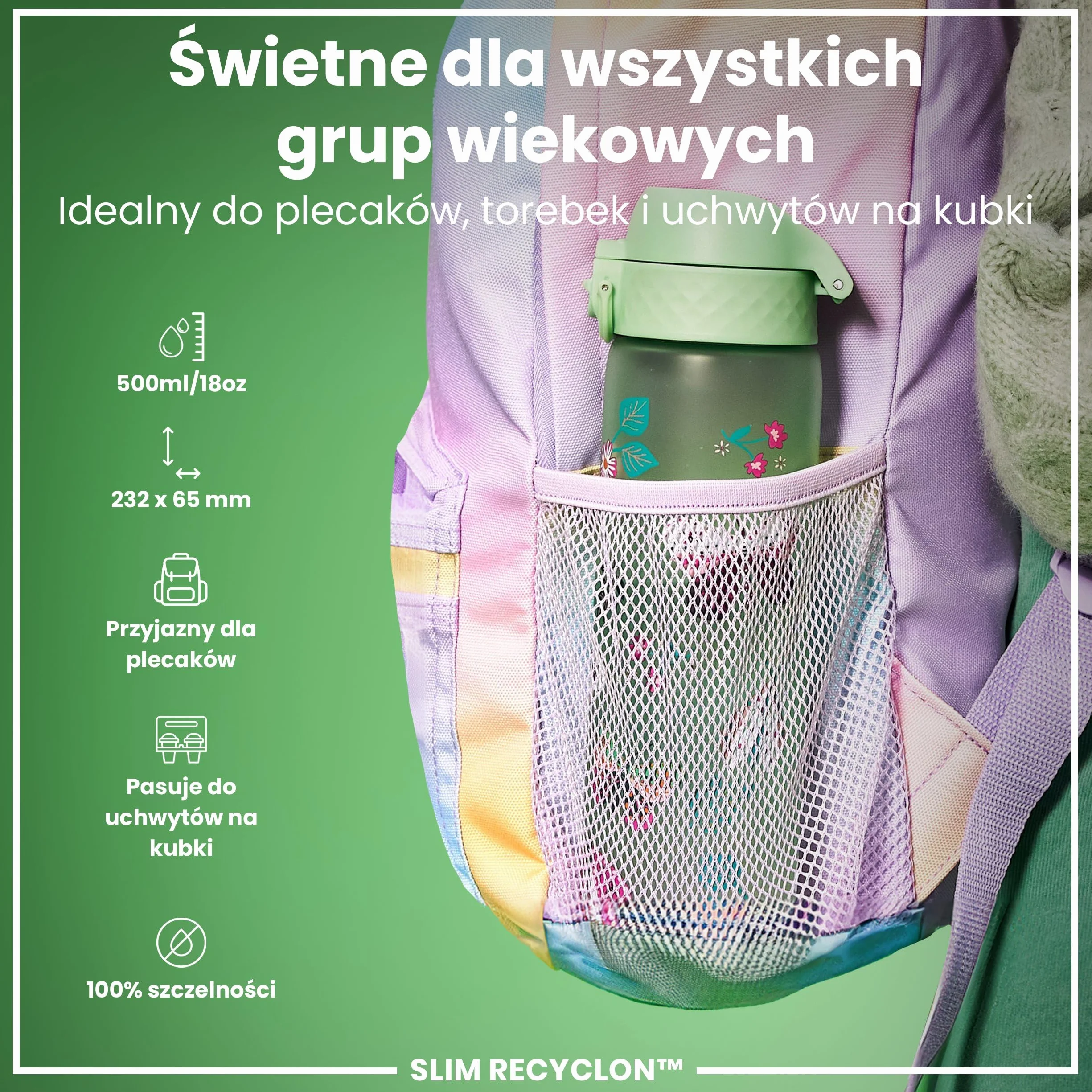 ION8 Butelka na Wodę, 500 ml/18 oz, Szczelna, Łatwe Otwieranie, Bezpieczny Zamek, Można Myć w Zmywarce, Bez BPA, Higieniczne Pokrycie, Uchwyt do Przenoszenia, Łatwa Czyszczenie, Bezwonny, Dziki Motyl