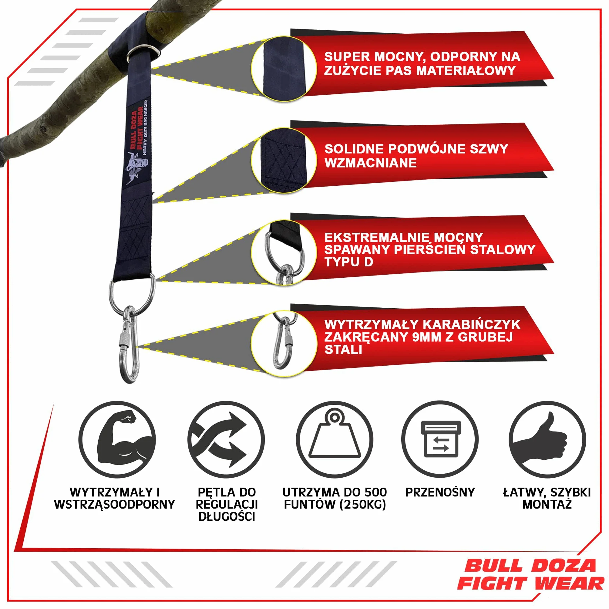 BULL DOZA FIGHT WEAR Pasek do worka bokserskiego, wytrzymały wieszak 226 kg, 1,5 m, czarny