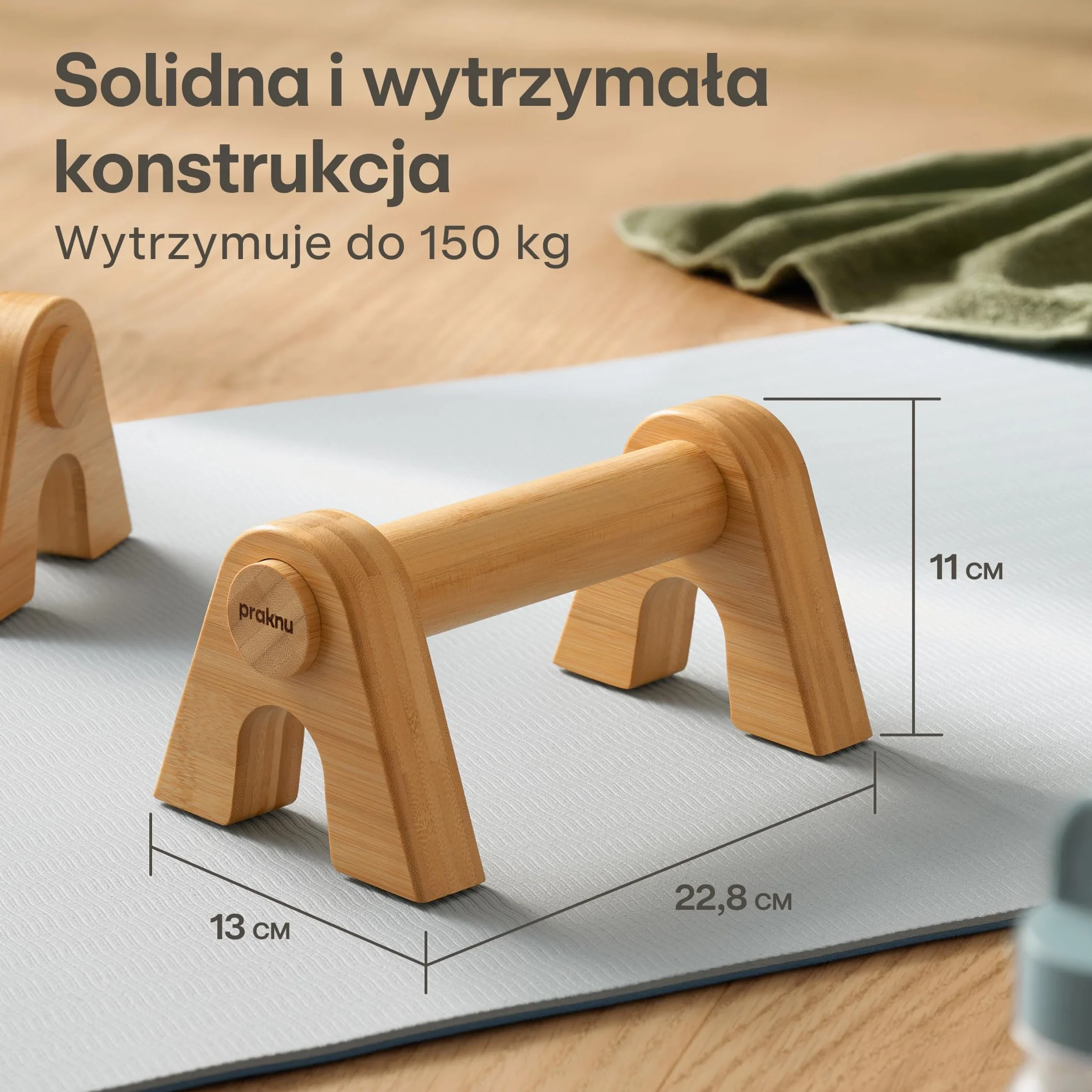 Praknu Bambusowe Uchwyty do Pomp - 2x Ergonomiczne & Antypoślizgowe Parallettes z Torbą - Uchwyty do Pomp dla Calisthenics, Handstandów i Pomp - Sprzęt Treningowy do Użytku Wewnętrznego i Zewnętrznego