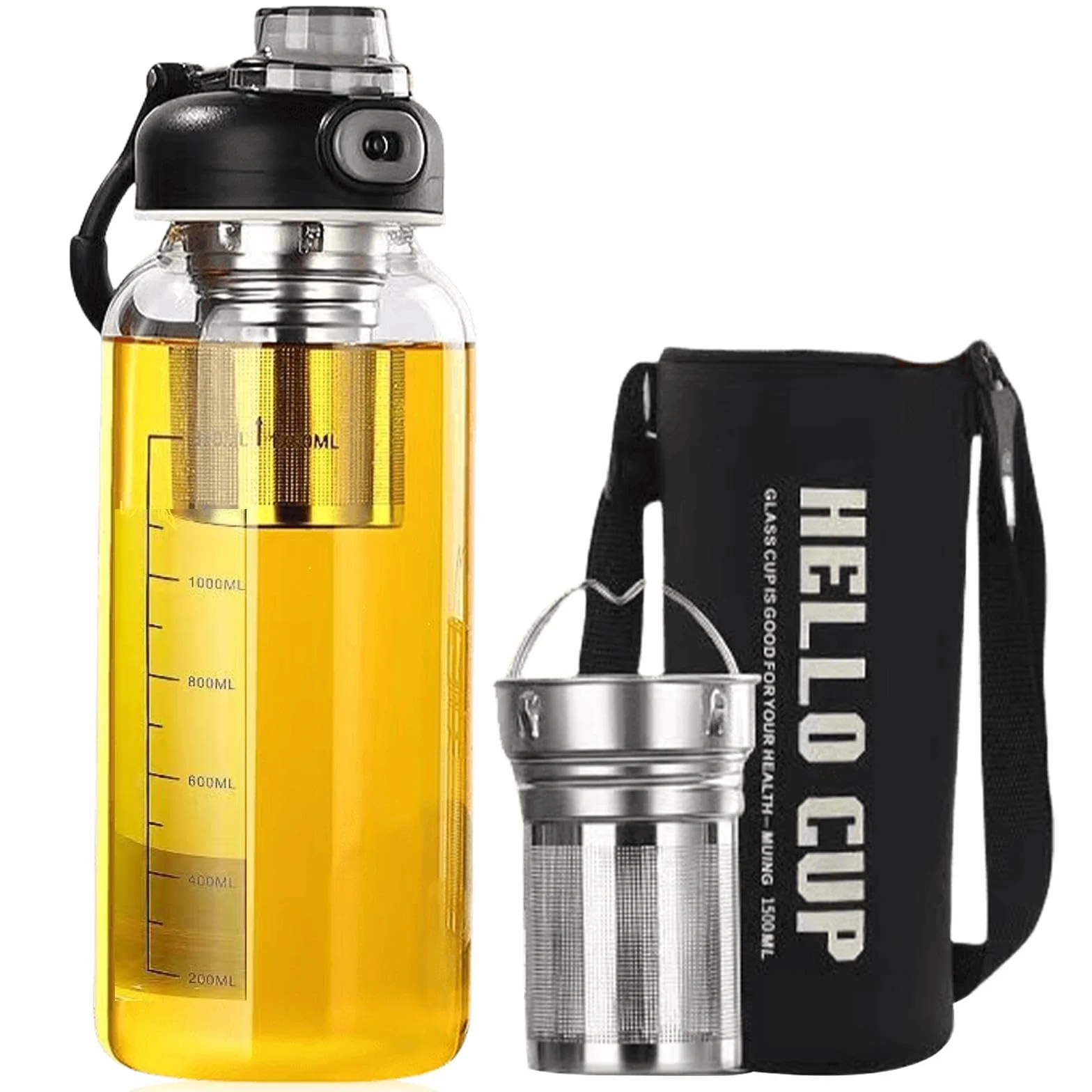 GOMETY Szklana butelka na napoje, 1,5 l, z odpływem herbaty, 1500 ml, ze szkła borokrzemowego, przenośna, szczelna, duża, idealna dla miłośników herbaty, na siłownię, do uprawiania sportu, fitnessu