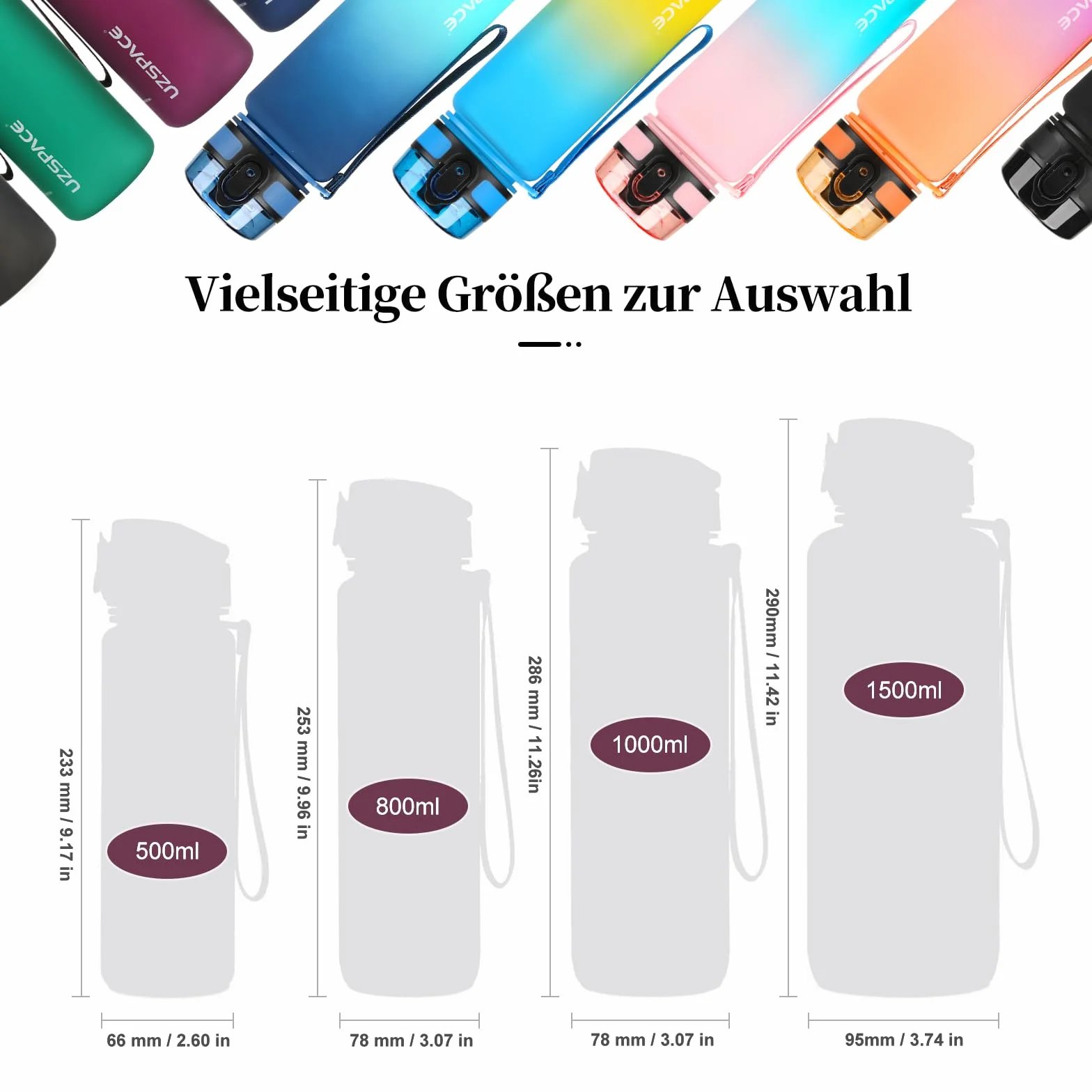 UZSPACE Butelka na wodę 500 ml / 800 ml / 1000 ml, Bez BPA, Plastik Tritan, Szczelna, idealne picie dla dzieci, do szkoły, na siłownię, na rower, do biegania, na zewnątrz