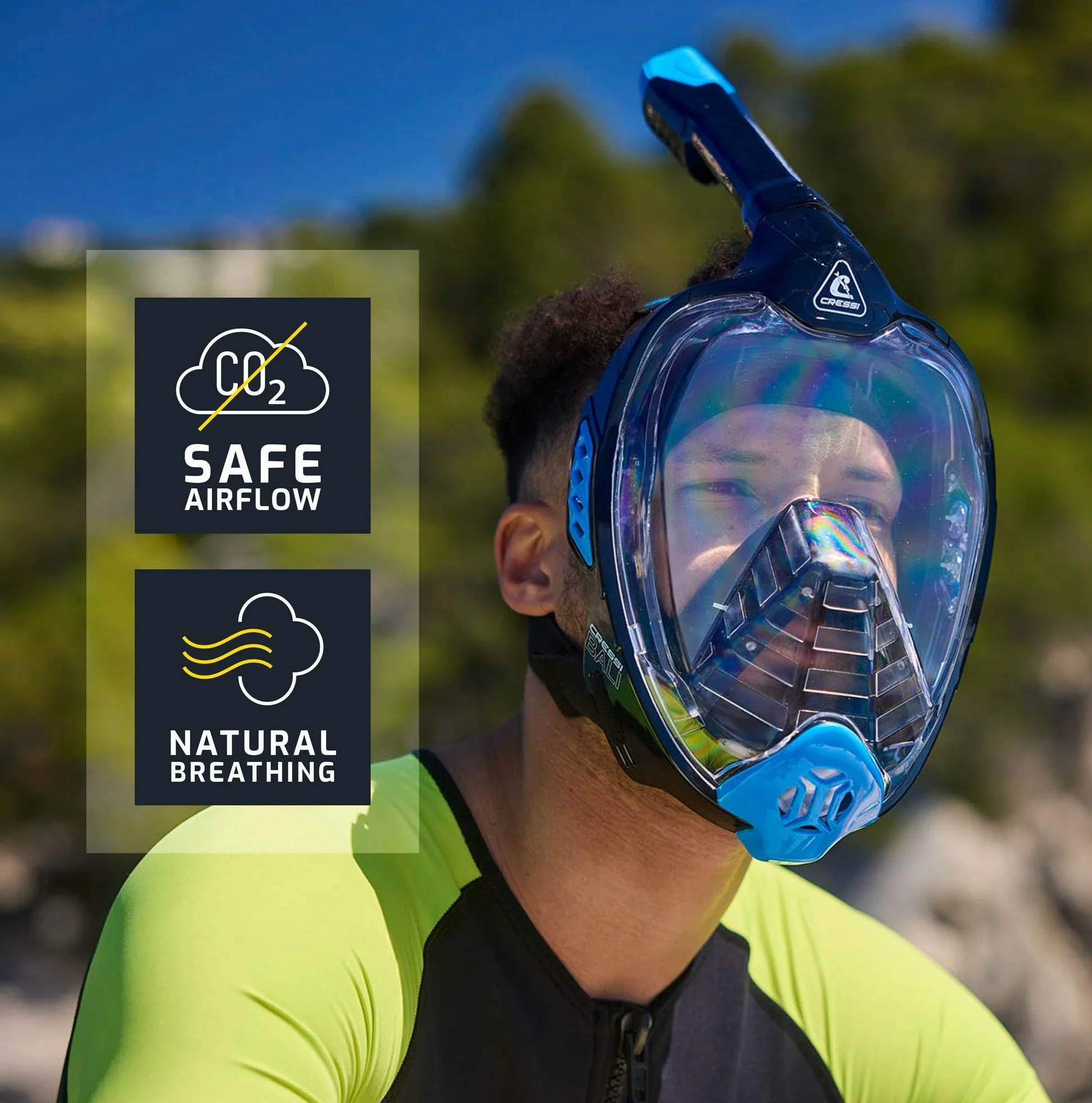 CRESSI Bali Full Face Mask - Maska pełnotwarzowa Bali oferuje duży obszar widzenia, pozwalając nurkującym docenić podwodny świat bez uczucia klaustrofobii