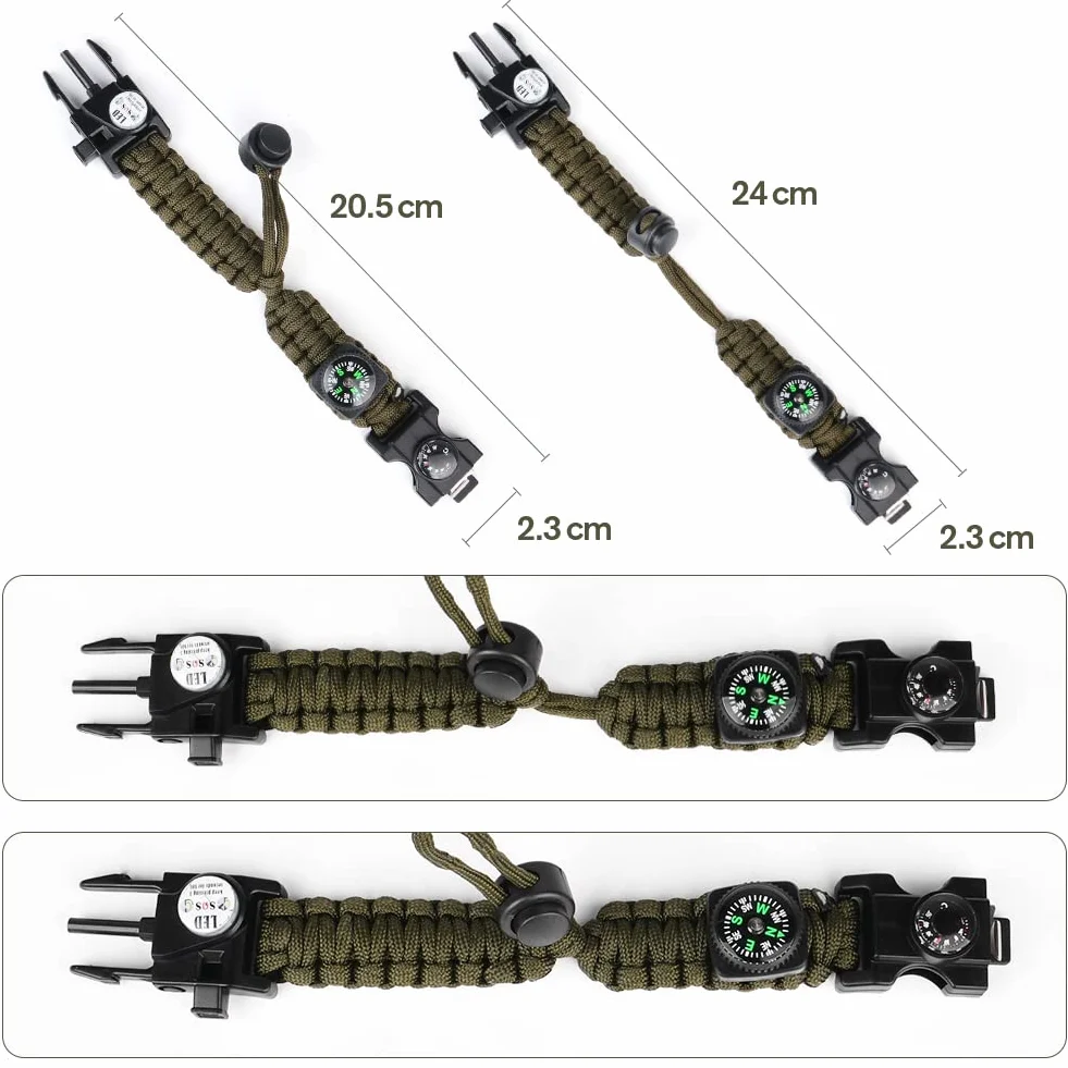 Flintronic Zestaw bransoletek survivalowych Paracord z zapalniczką, kompasem, piłą i piszczałką 100-dB