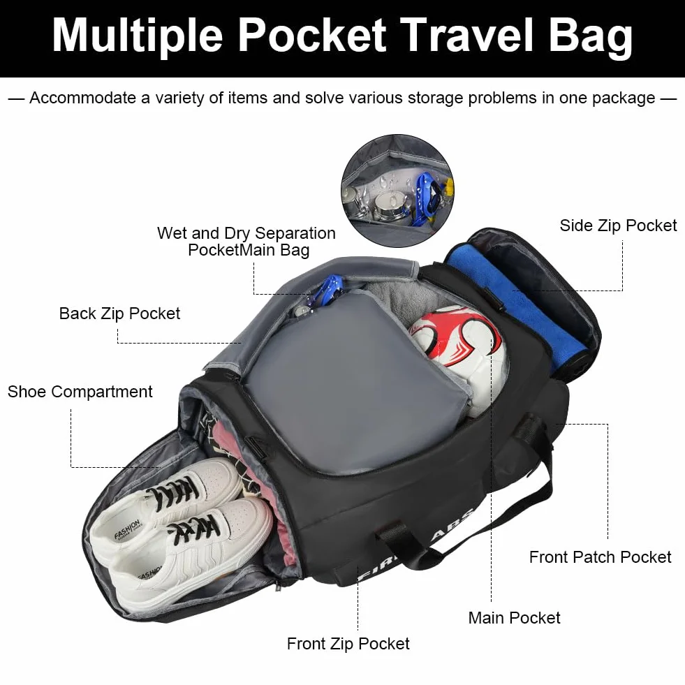 Flintronic Torba sportowa 65 l z kieszenią na buty, funkcja plecaka, czarny