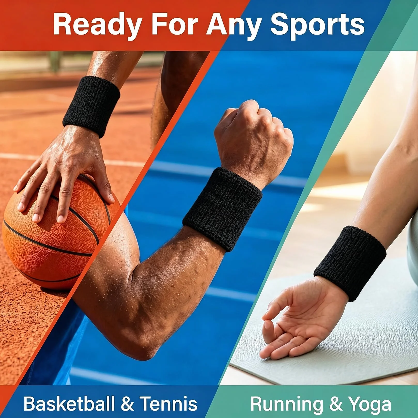 6 szt. opasek na nadgarstek, elastyczne frotki sportowe, opaski przeciwpotne na nadgarstki, wristbandy dla mężczyzn i kobiet do fitnessu, piłki nożnej, tenisa (czarne)