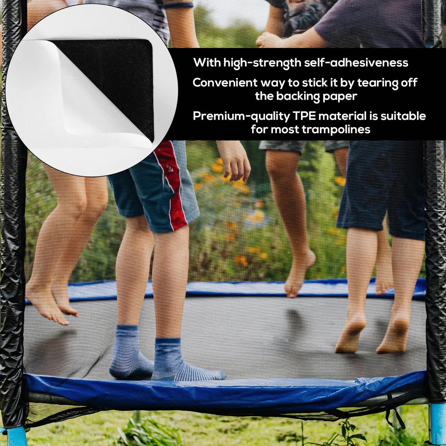 Tinoaly 6szt Samoprzylepny Zestaw Naprawczy do Trampoliny, 3 Kształty Łatek Akcesoria Taśmy Naprawczej Mat Trampolinowych do Naprawy Rozdarć Dziur Przebić w Matach Trampolinowych (Czarny)