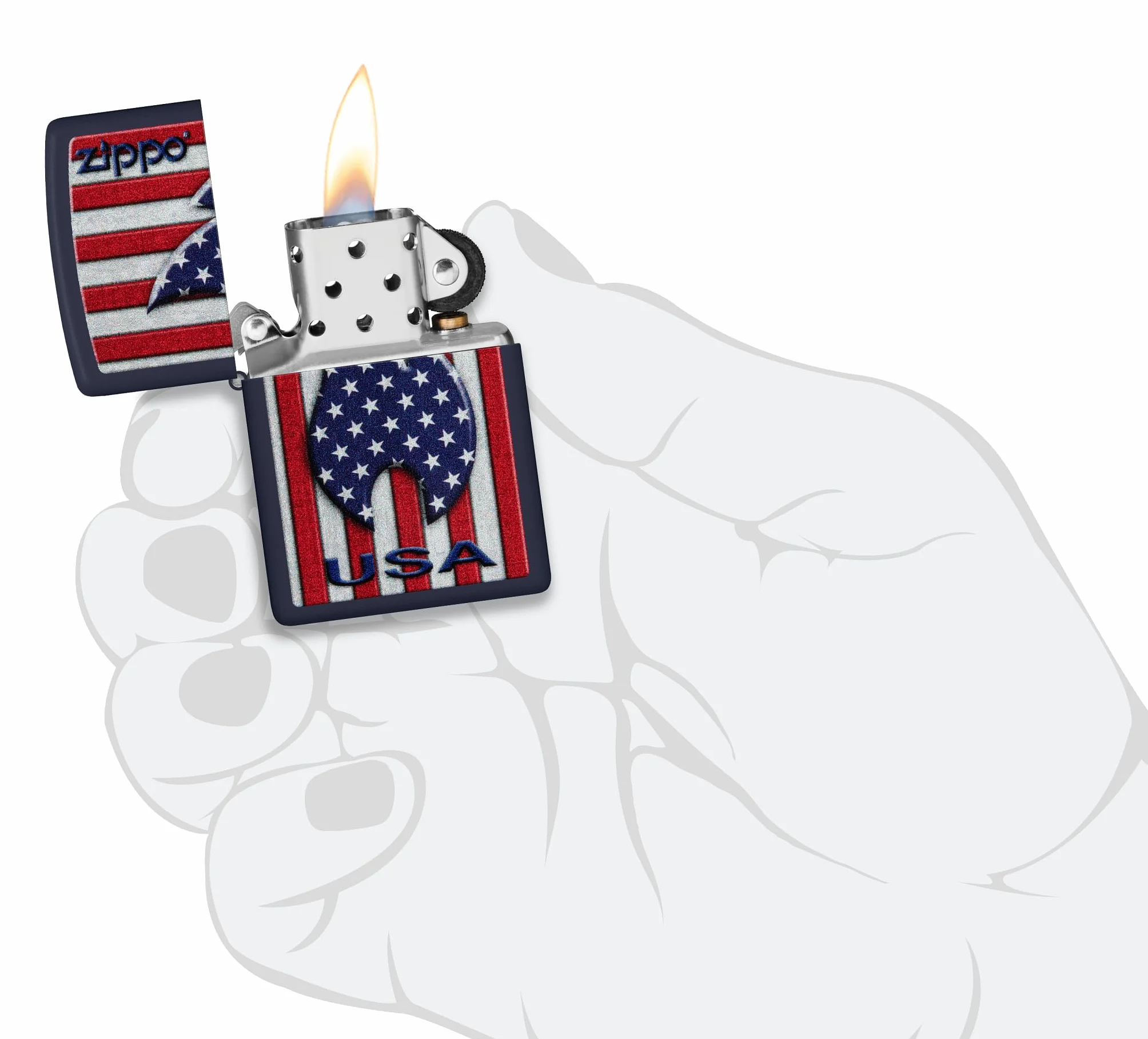 Zippo Patriotic Flame Zapalniczka Sztormowa, Kolorowy Nadruk, do Napełniania, Wielokrotnego Użytku, Wiatroodporna Konstrukcja, Pudełko na Prezent, Wykonano w USA, Kolor Granatowy Matowy (Navy Matte)