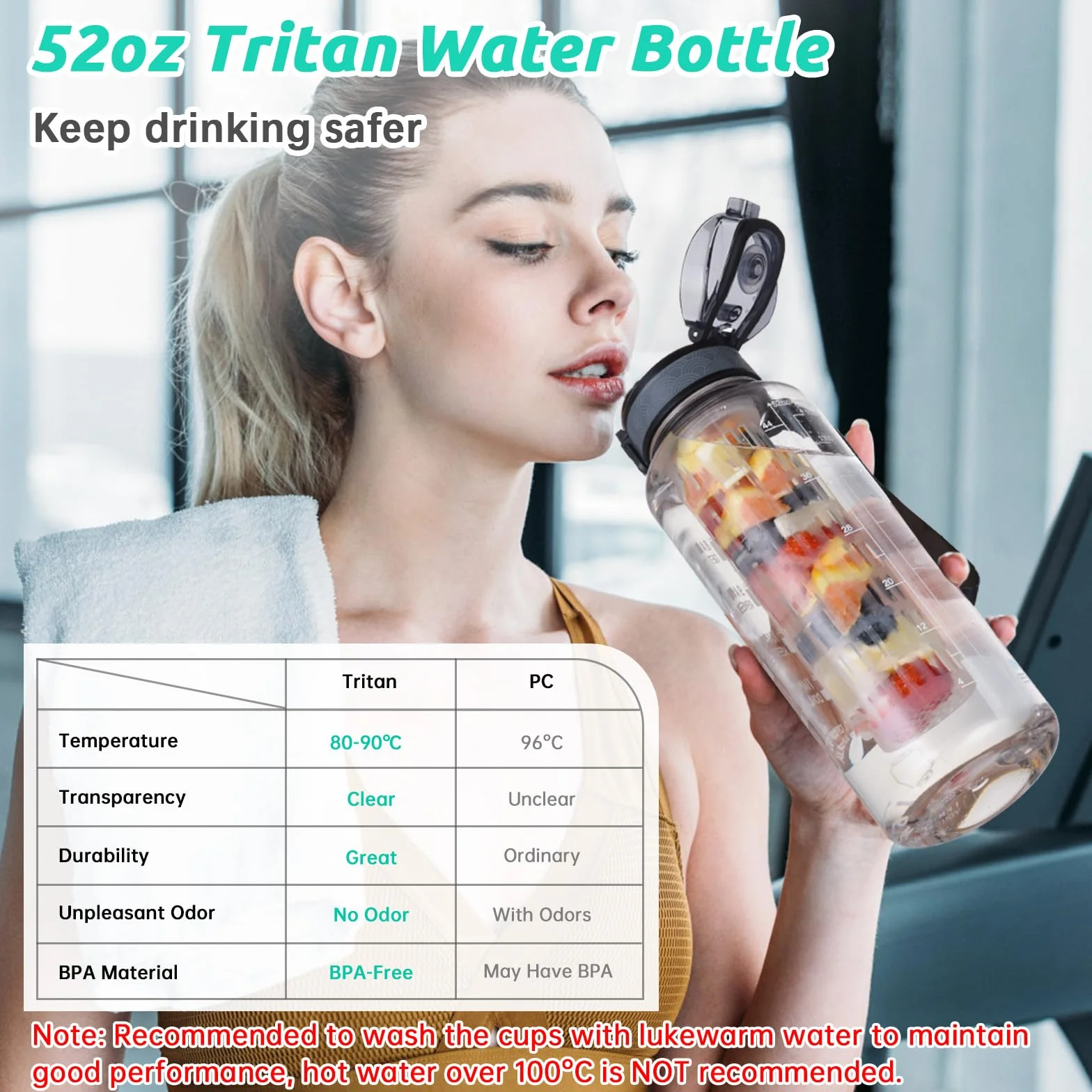 UTEBIT Butelka na wodę z zaparzaczem na owoce, 1,5 l, szczelna, sportowa ze znacznikami czasu, tritan, bez BPA, motywacyjna do fitnessu, siłowni, na rower