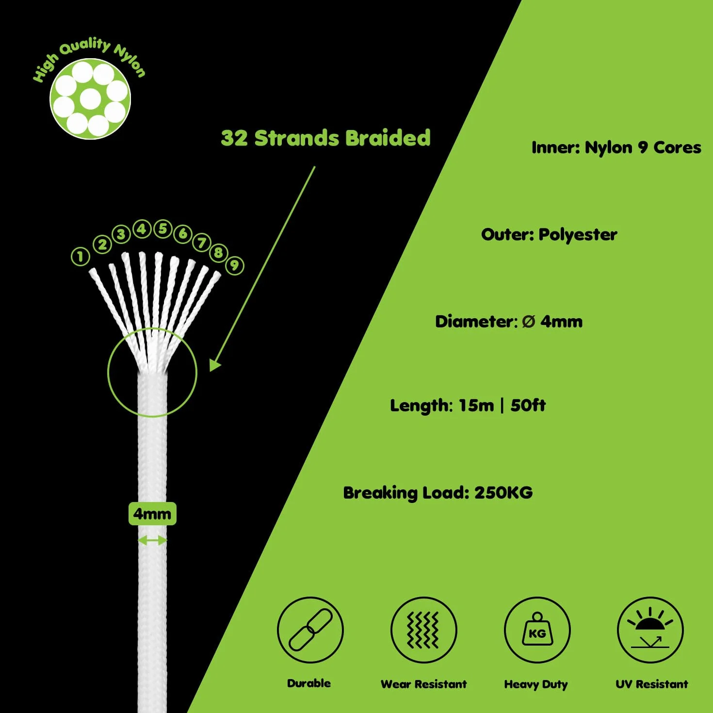 Brotree Glow In The Dark Paracord 550 4mm 15m Luminous Linka 9 Strands Fluorescencyjny Paracord for Kemping, Rzemieślnicze, Namiot