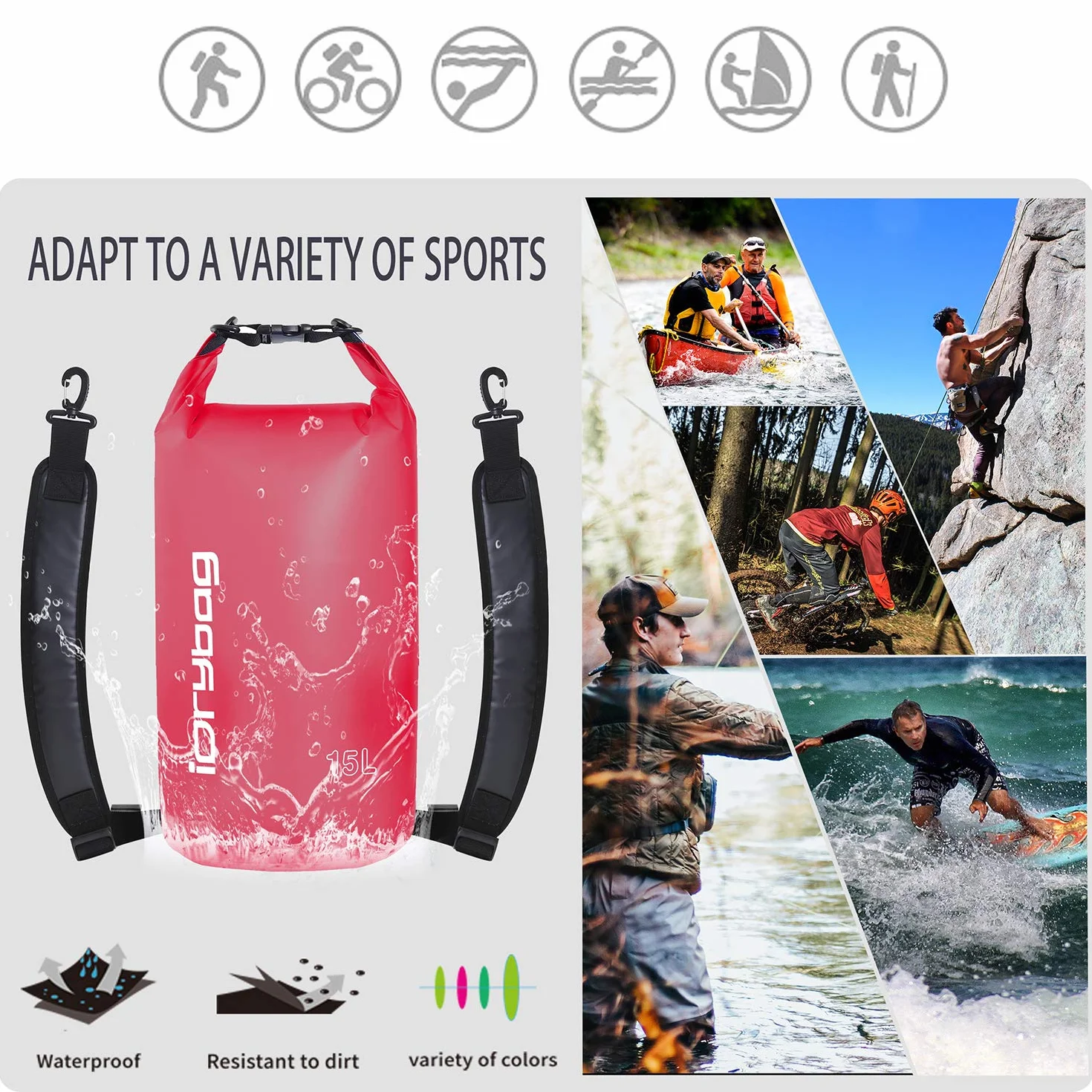IDRYBAG Przezroczysta wodoszczelna torba 5 l, pływająca torba sucha na kemping, czerwony