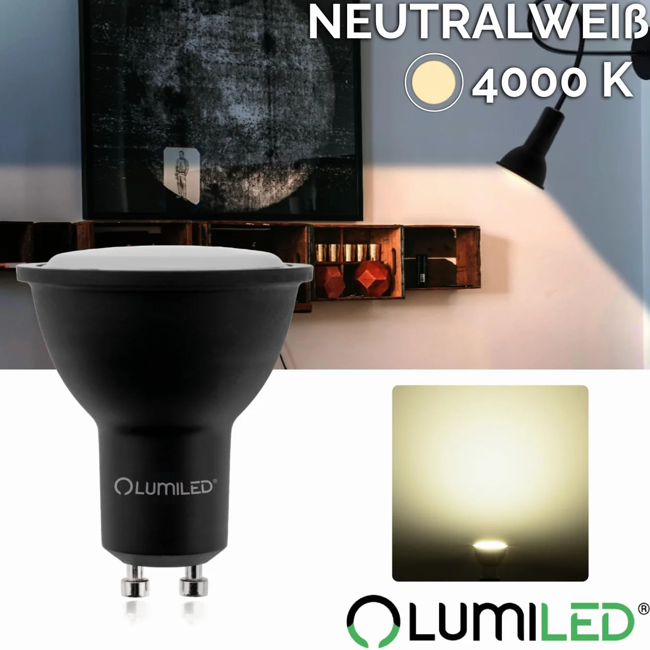 LUMILED Żarówka LED GU10 Reflektor PAR16 6W 580lm 4000K 120° Czarna