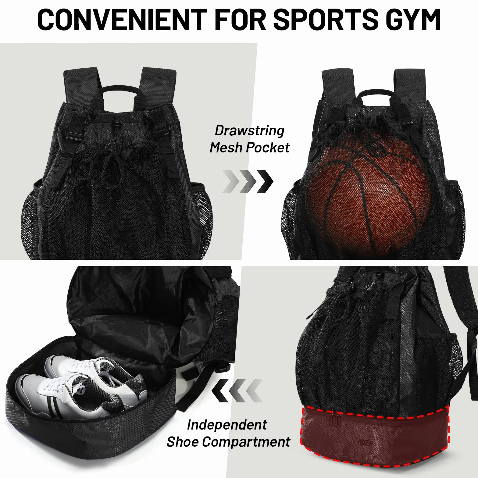 MIER Plecak do piłki nożnej, worek sportowy z kieszenią na buty, koszykówka, plecak sportowy, wodoodporny, torba sportowa dla mężczyzn, kobiet, młodzieży, 40 l, czarny