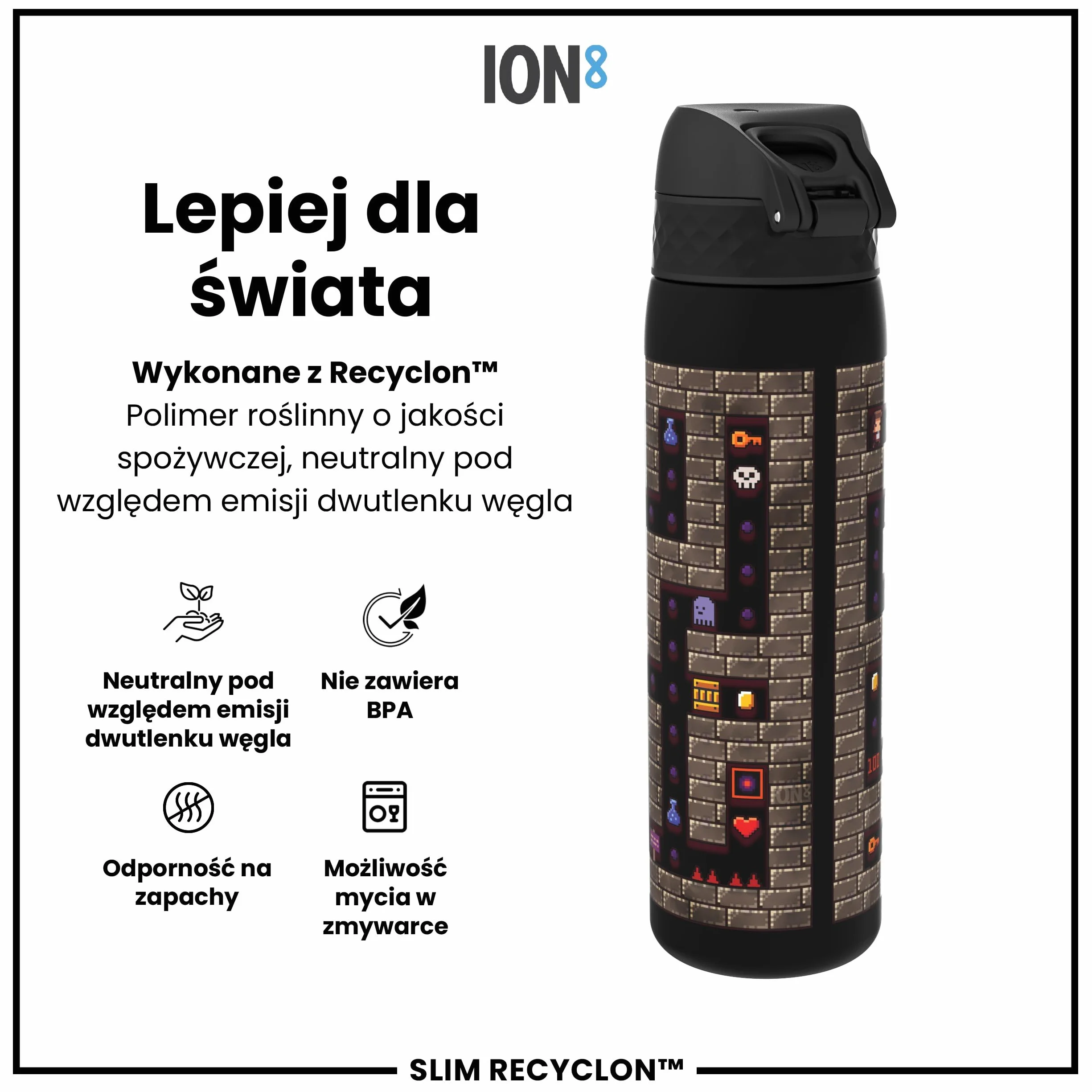ION8 Butelka na Wodę, 500 ml/18 oz, Szczelna, Łatwe Otwieranie, Bezpieczny Zamek, Można Myć w Zmywarce, Bez BPA, Higieniczne Pokrycie, Uchwyt do Przenoszenia, Łatwa Czyszczenie, Bezwonny, Motyw Gracz