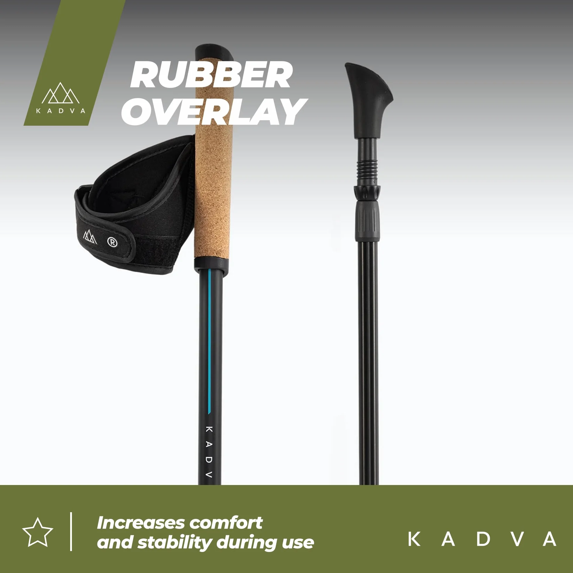 KADVA Kije Nordic Walking Luna niebieskie, regulowany rozmiar 69-135 cm, system zamykania obrotowego dla bezpiecznej i łatwej zmiany długości, uchwyt z wytrzymałego polipropylenu (PP) i korka