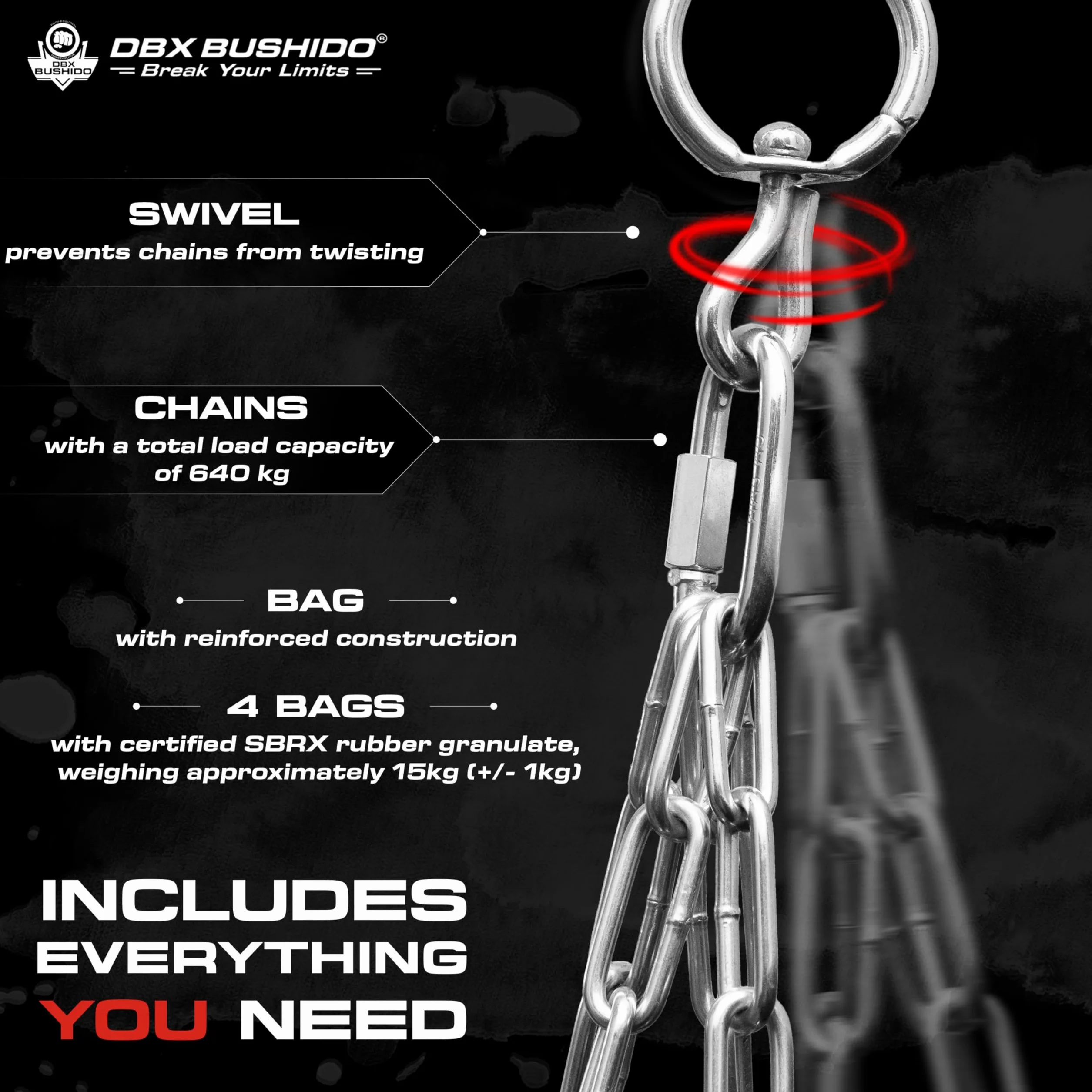 DBX BUSHIDO SPORT Worek bokserski wypełniony granulatem gumowym 130 cm – worek bokserski 60 kg – boks treningowy do uprawiania sportu i kickboxingu – Punching Bag