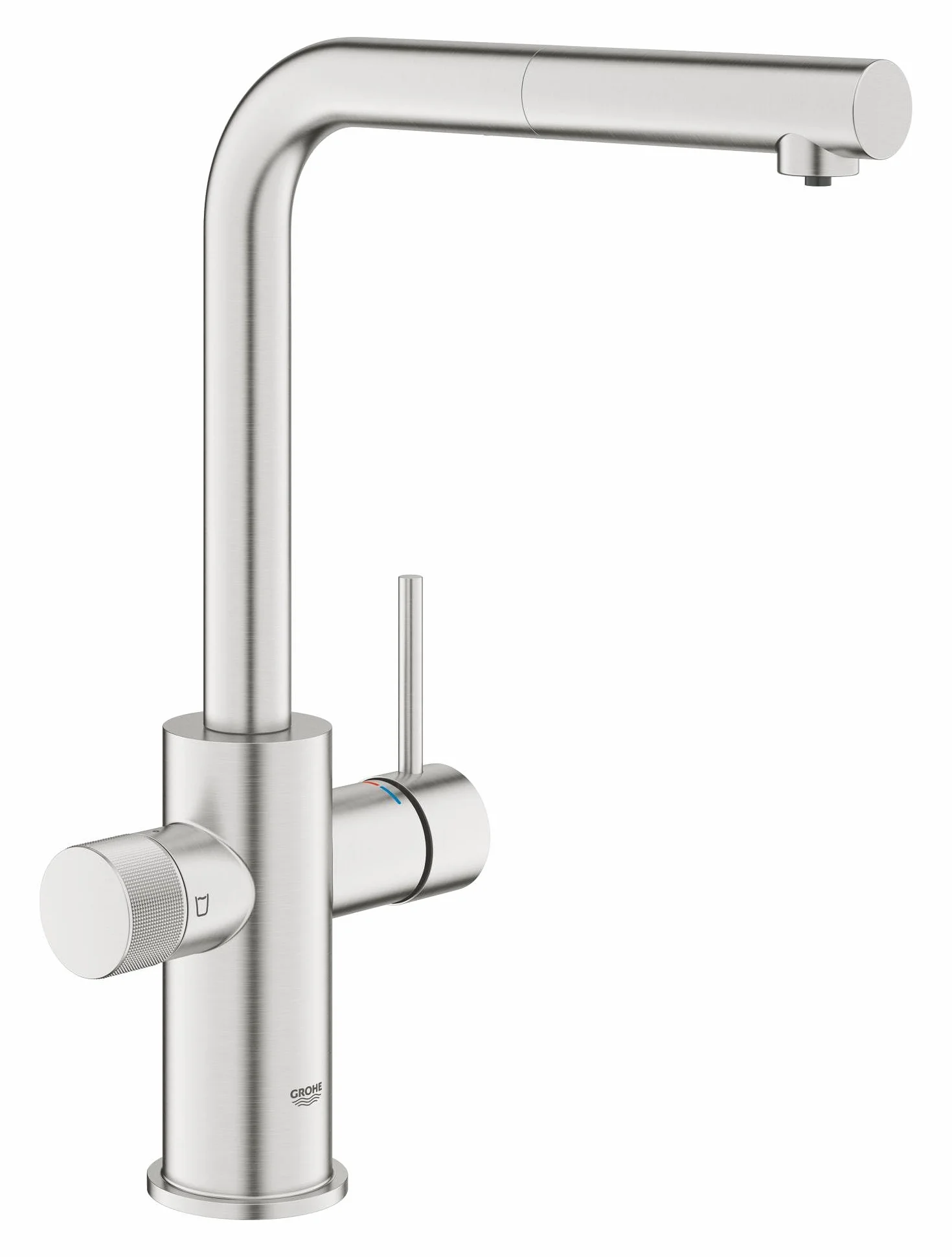GROHE Blue Pure Minta 3-kierunkowy wyciągany kran filtrujący do wody 360° wylewka L wkład ceramiczny 28 mm ogon 3/8 cala