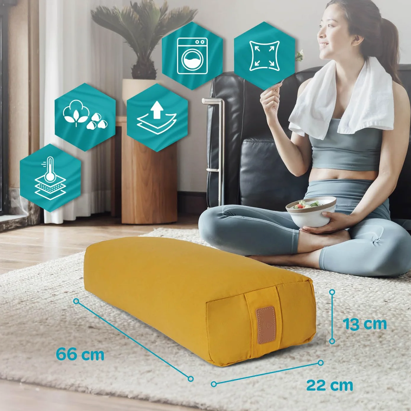 #DoYourYoga Yoga Bolster »Paravati« z ekologiczną łuską gryki (KBA), poszewka nadająca się do prania, 67 cm x 13 cm, poduszka do medytacji/poduszka do siedzenia/poduszka zafu do Yin Yoga - curry żółty