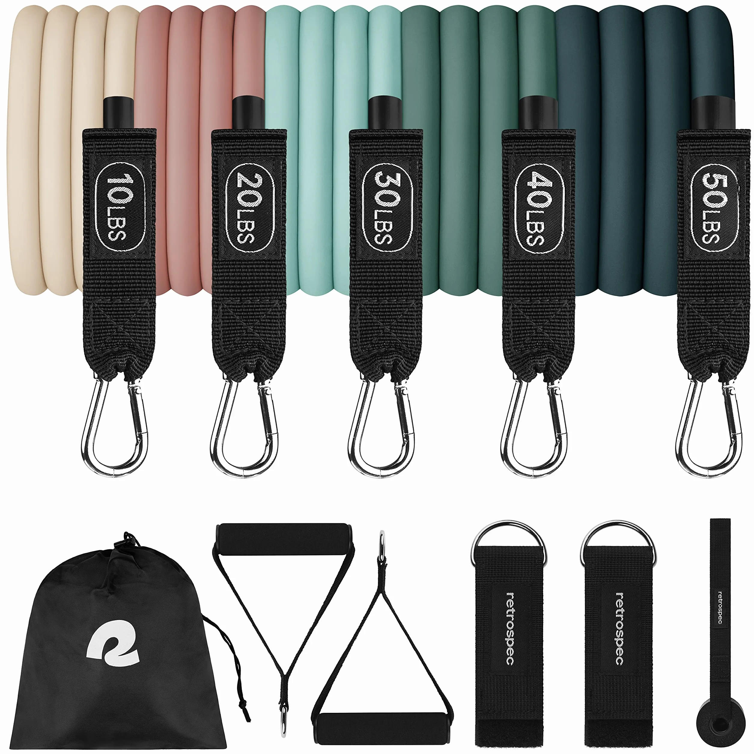 Retrospec Train Resistance Bands Set (5pc) Workout Bands w/Handles, Door Anchor, Carry Bag for Women & Men, Smoothie