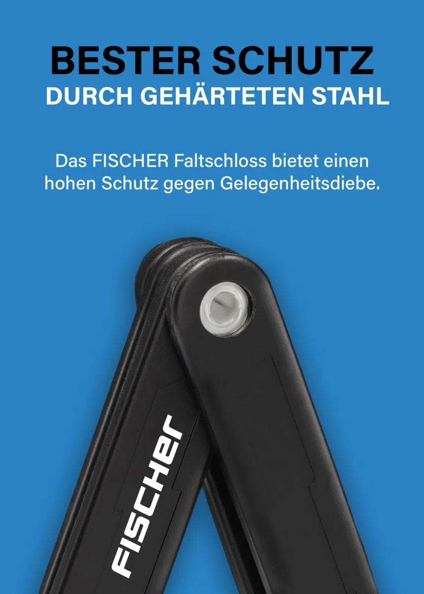FISCHER Protec Plus zapięcie składane, długość 85 cm, z 3 kluczami i nasadką chroniącą przed kurzem, z miękkiego materiału, czarne