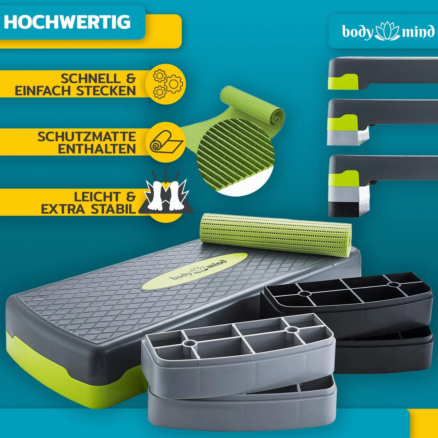 Body & Mind® Aerobic Stepper Elite 3-stopniowa ławka do steppera z darmową matą antypoślizgową i ekskluzywnym e-bookiem treningowym