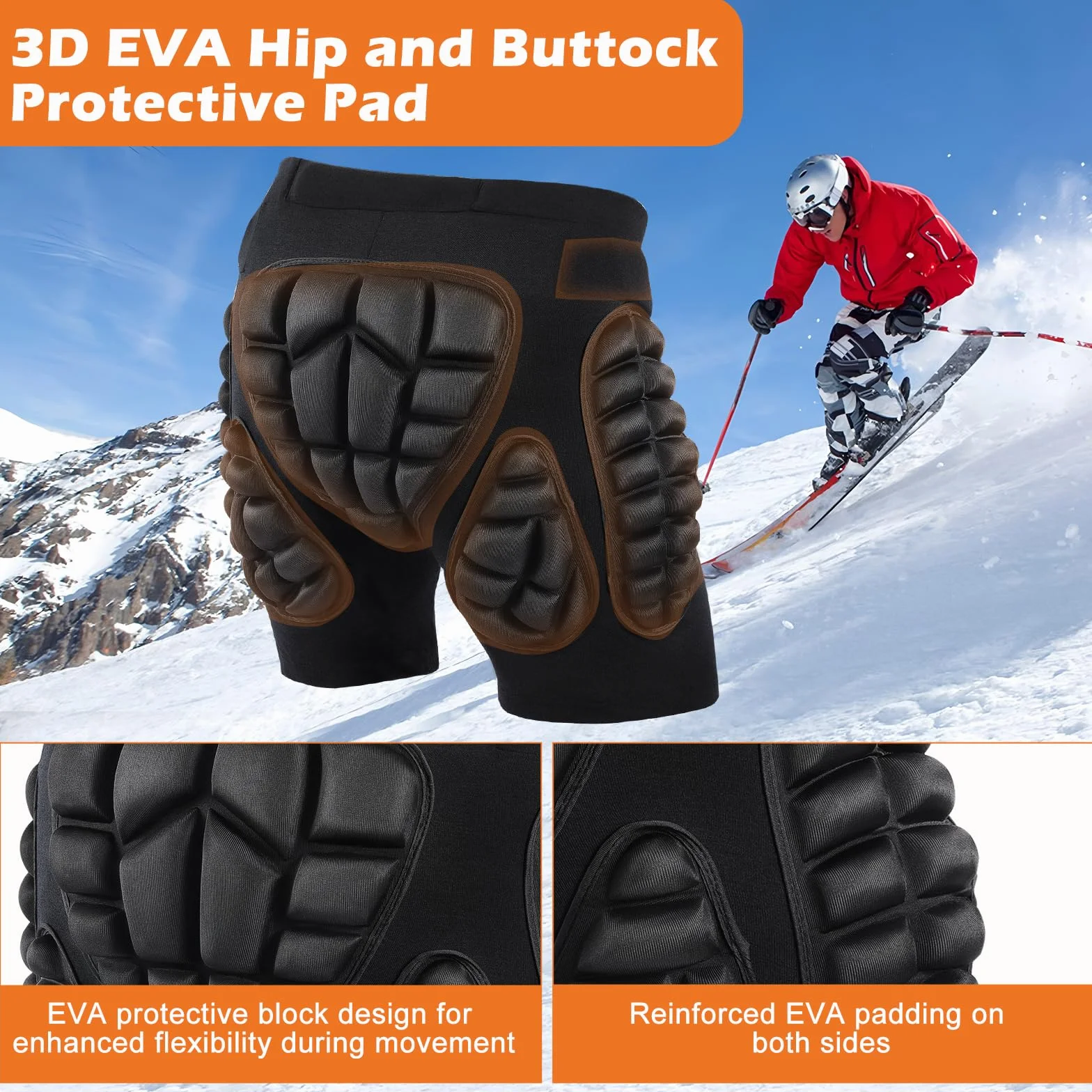 AOOWU Spodenki ochronne 3D EVA z ochraniaczami bioder do jazdy na nartach, snowboardzie