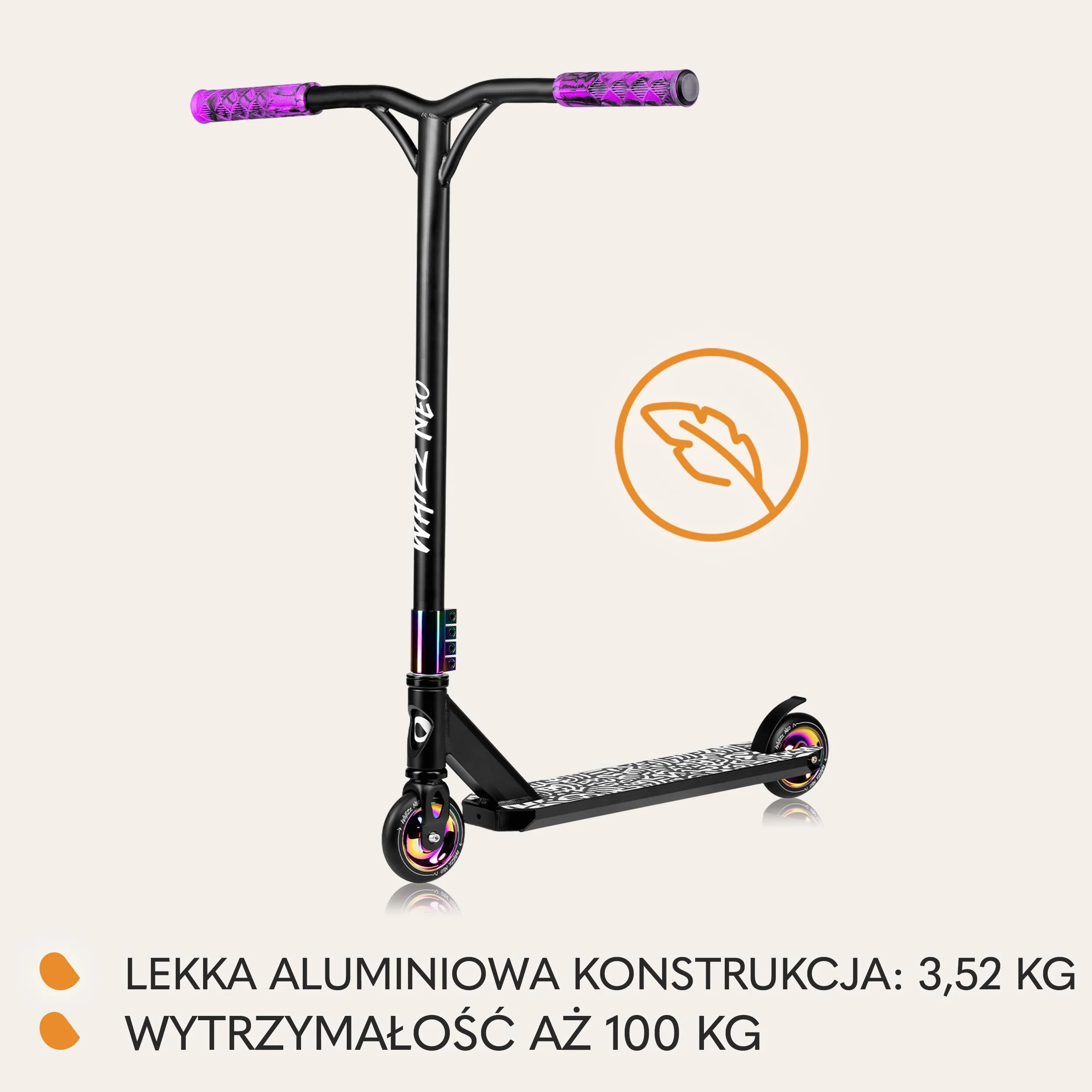 LIONELO Whizz Hulajnoga Wyczynowa Dziecięca do 100 kg, Łożyska ABEC-9, Hulajnoga Aluminiowa, System Kompresji HIC, Koła 110 mm, Szeroka Kierownica Y-bar, Hamulec Flex Fender MN Steel