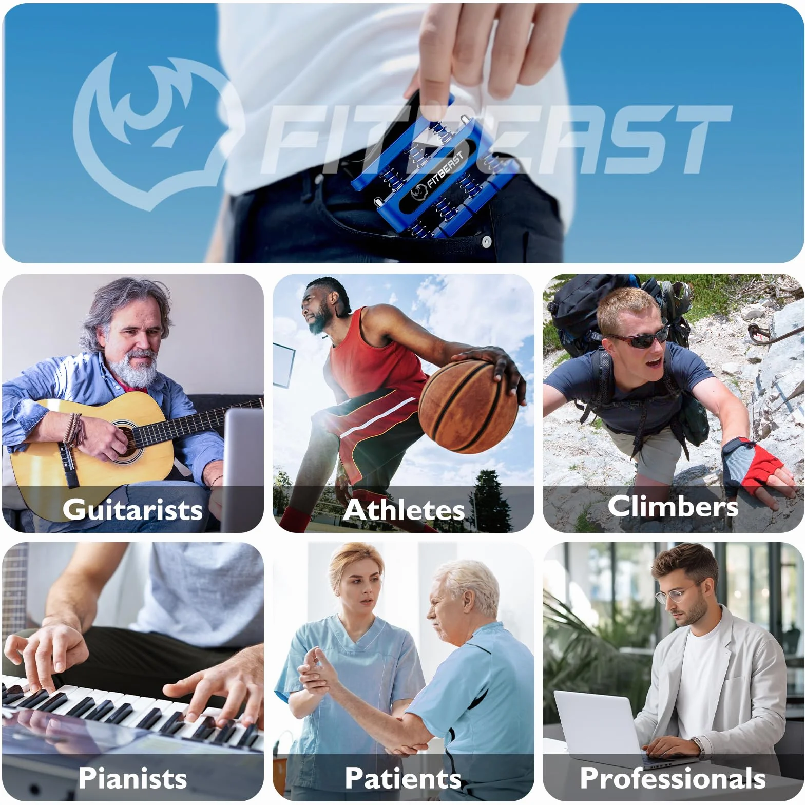 FitBeast Wzmacniacz palców, ćwiczenie palców, ćwiczenie dłoni dla poprawy zręczności i siły palców, rąk, przedramion – trener siły chwytu dla muzyków, wspinaczy i terapii