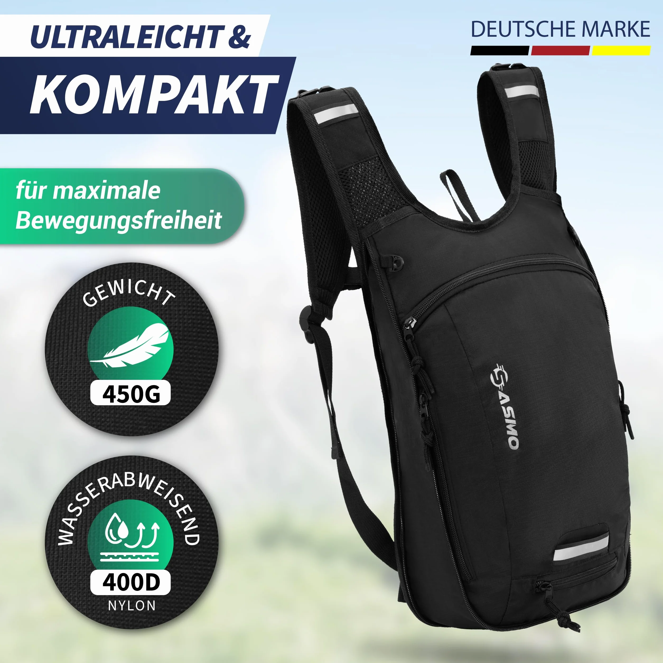 SASMO Wodoodporny plecak rowerowy i narciarski, ultralekki, 350 g, 6L, czarny, z przegrodą termiczną, siatką na kask, osłoną przeciwdeszczową i elementami odblaskowymi