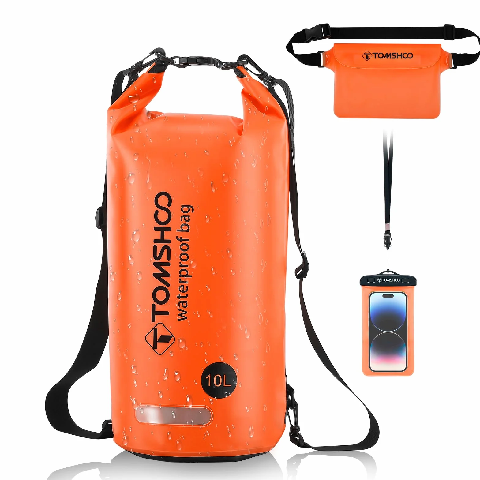 TOMSHOO Dry Bag Set, Wodoodporny Plecak 10L/20L z Wodoodpornym Pokrowcem i Kieszeń na Telefon Komórkowy, Regulowany Pasek na Ramię, Wodoodporny Plecak na Spływy Kajakowe, 10L, Pomarańczowy