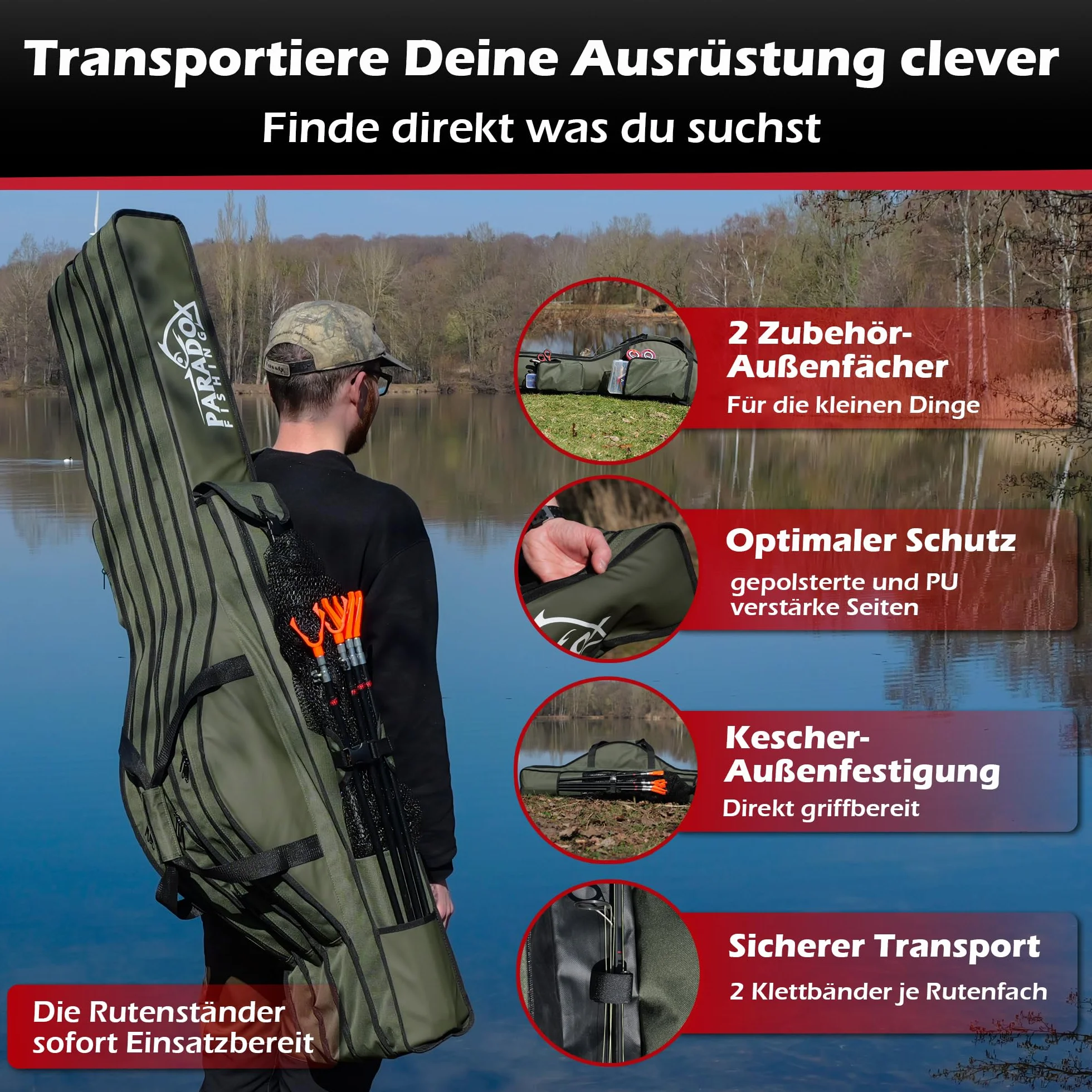 Paradox Fishing Torba wędkarska z 2/3/4 przegródkami, 120 cm, 130 cm, 150 cm, 160 cm, 190 cm, torba wędkarska