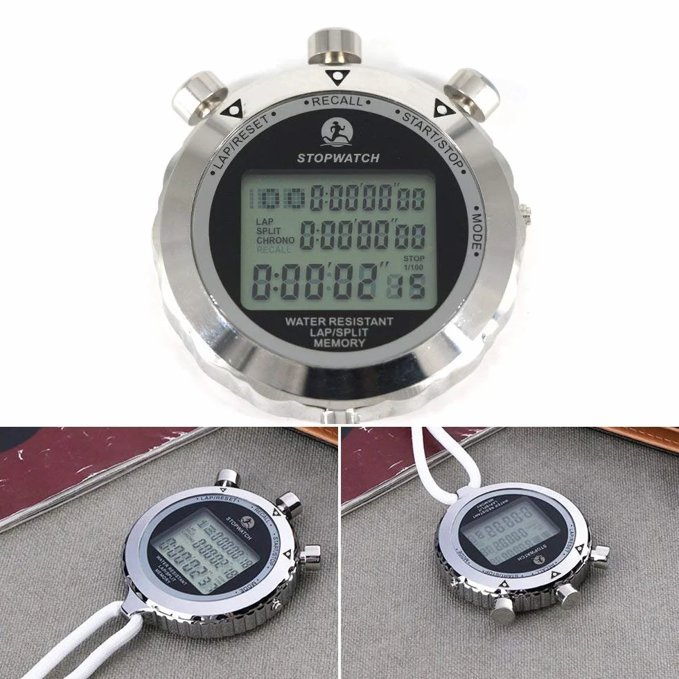 LAOPAO Metalowy stoper, 1/100 sekundy, 100 pamięci, wodoodporny elektroniczny chronograf na co dzień, do piłki nożnej, baseballu, sportów na świeżym powietrzu